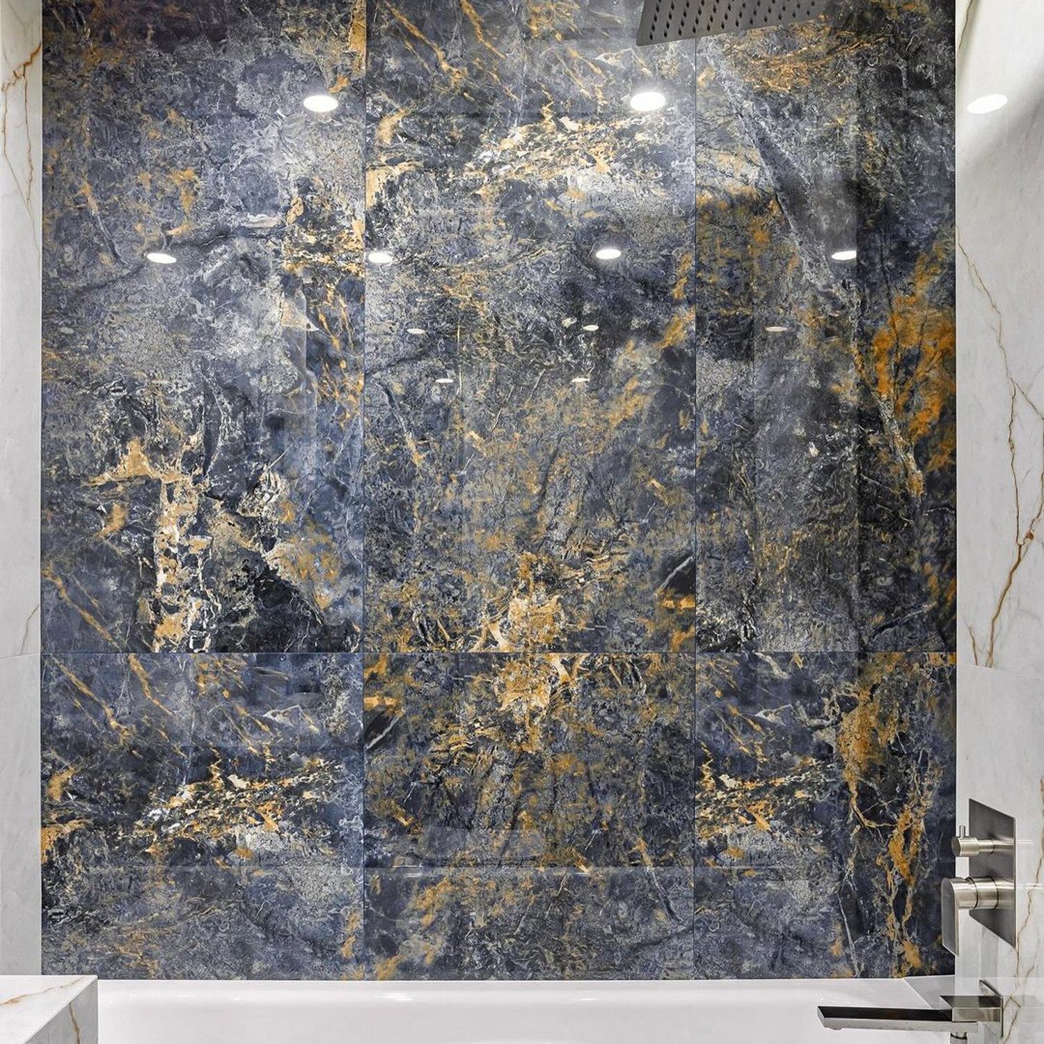 Luxurious marble-tiled bathroom