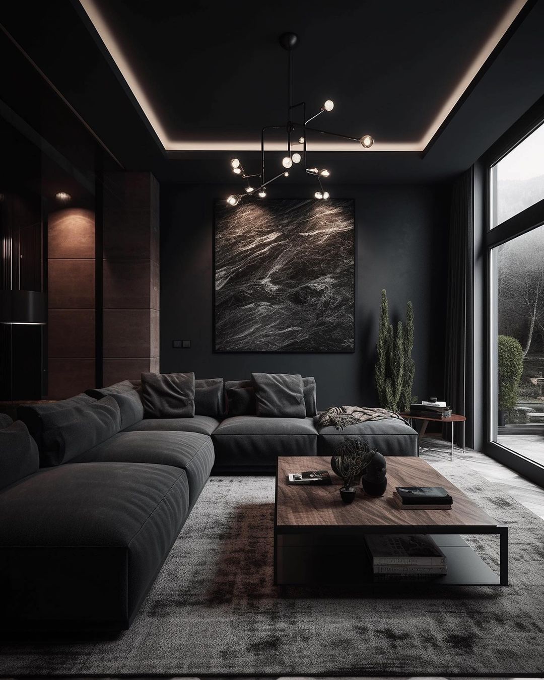 A modern living room featuring dark hues and sophisticated design