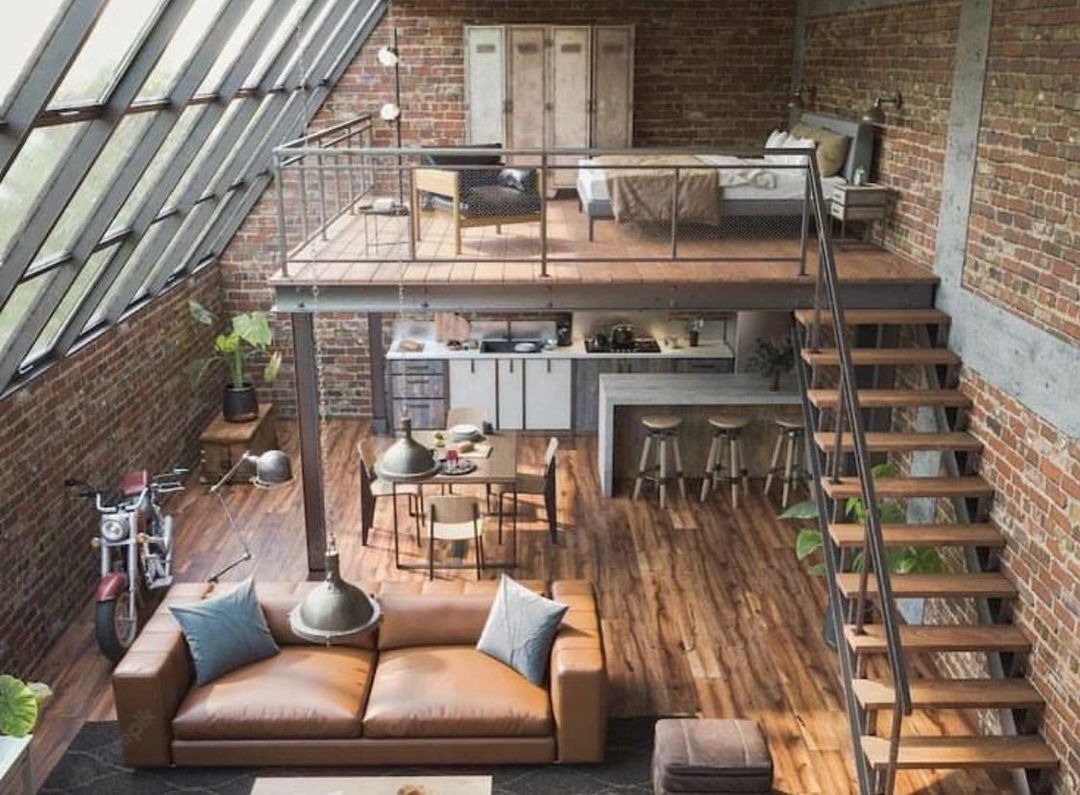 Loft apartment with exposed brick and skylights