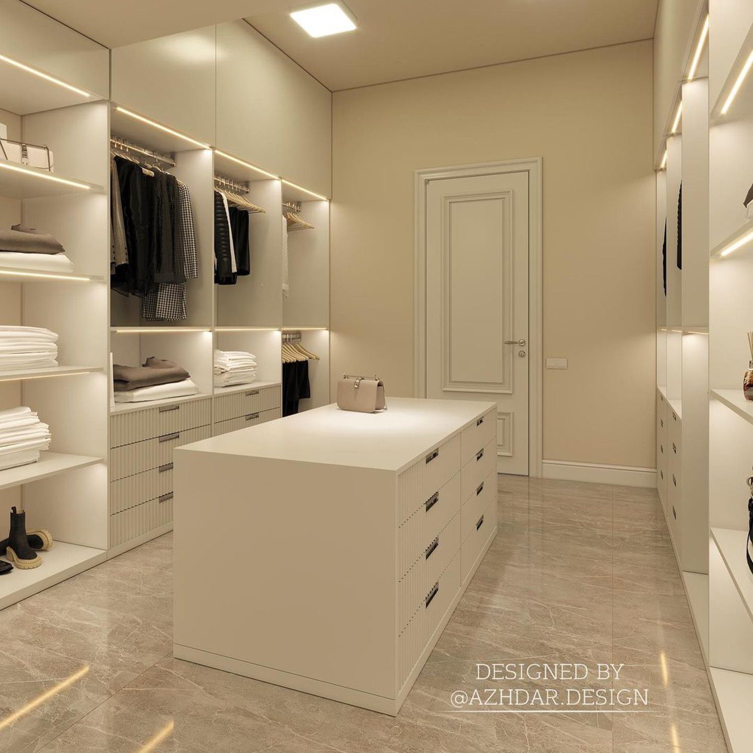 Elegantly designed walk-in closet with efficient lighting