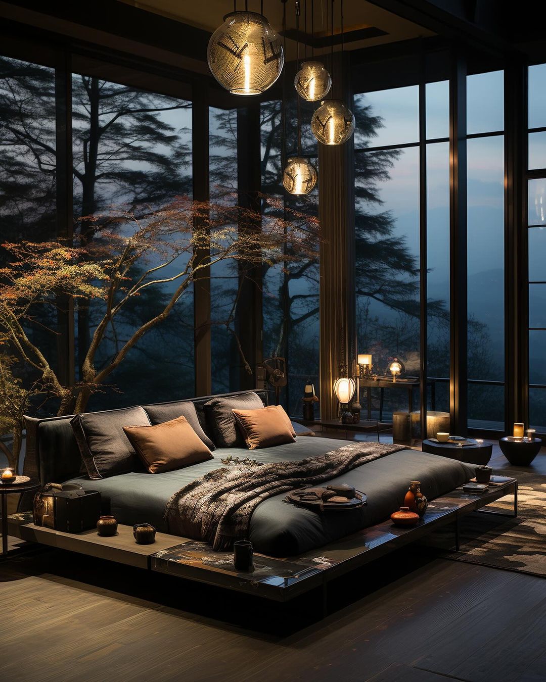 A serene bedroom with twilight forest views