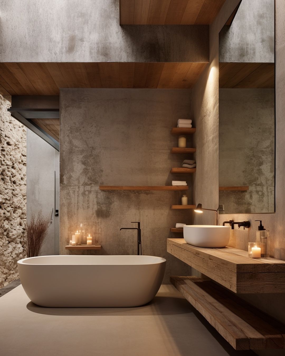 A sleek modern bathroom featuring textured surfaces and warm wood accents