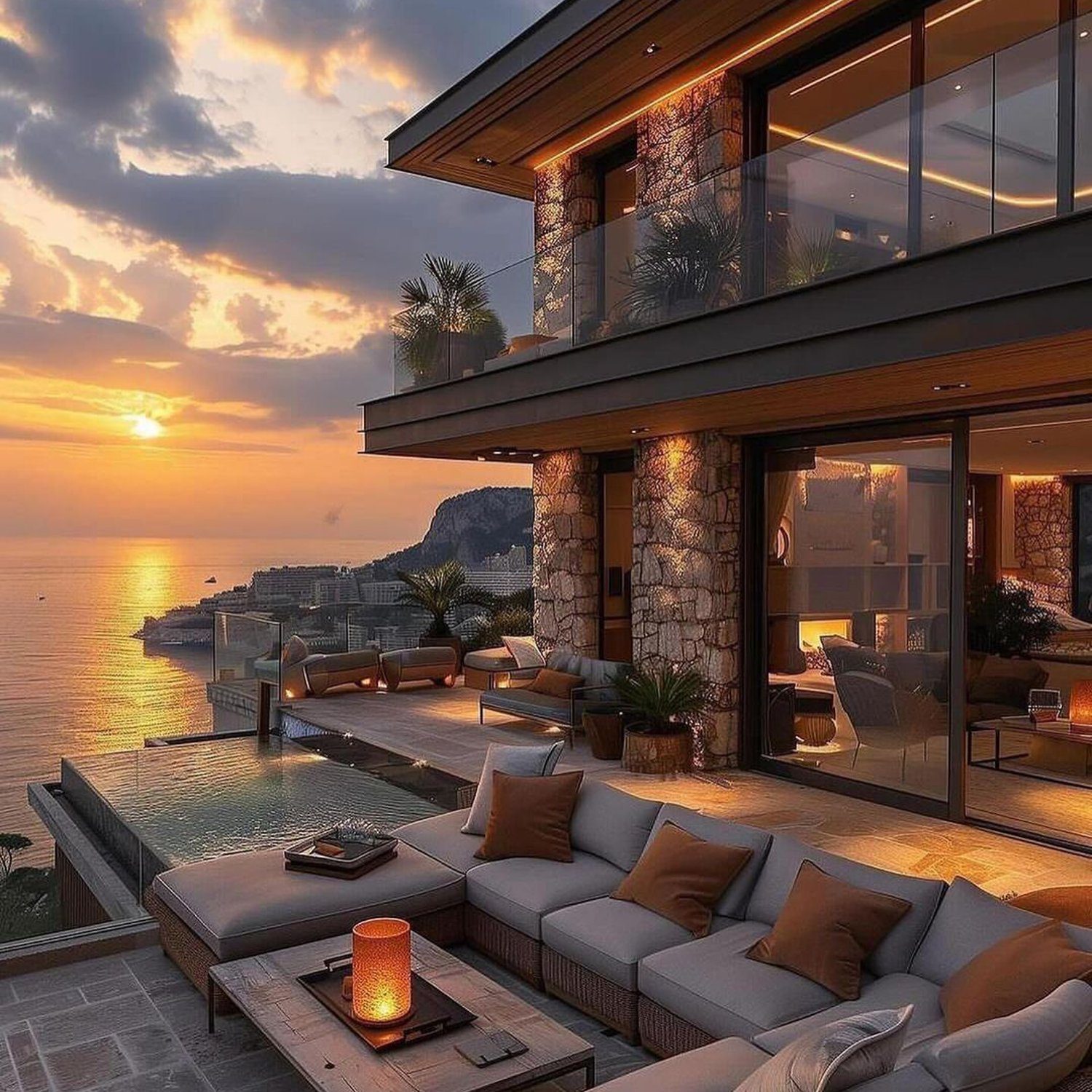 Luxurious coastal home with sunset view