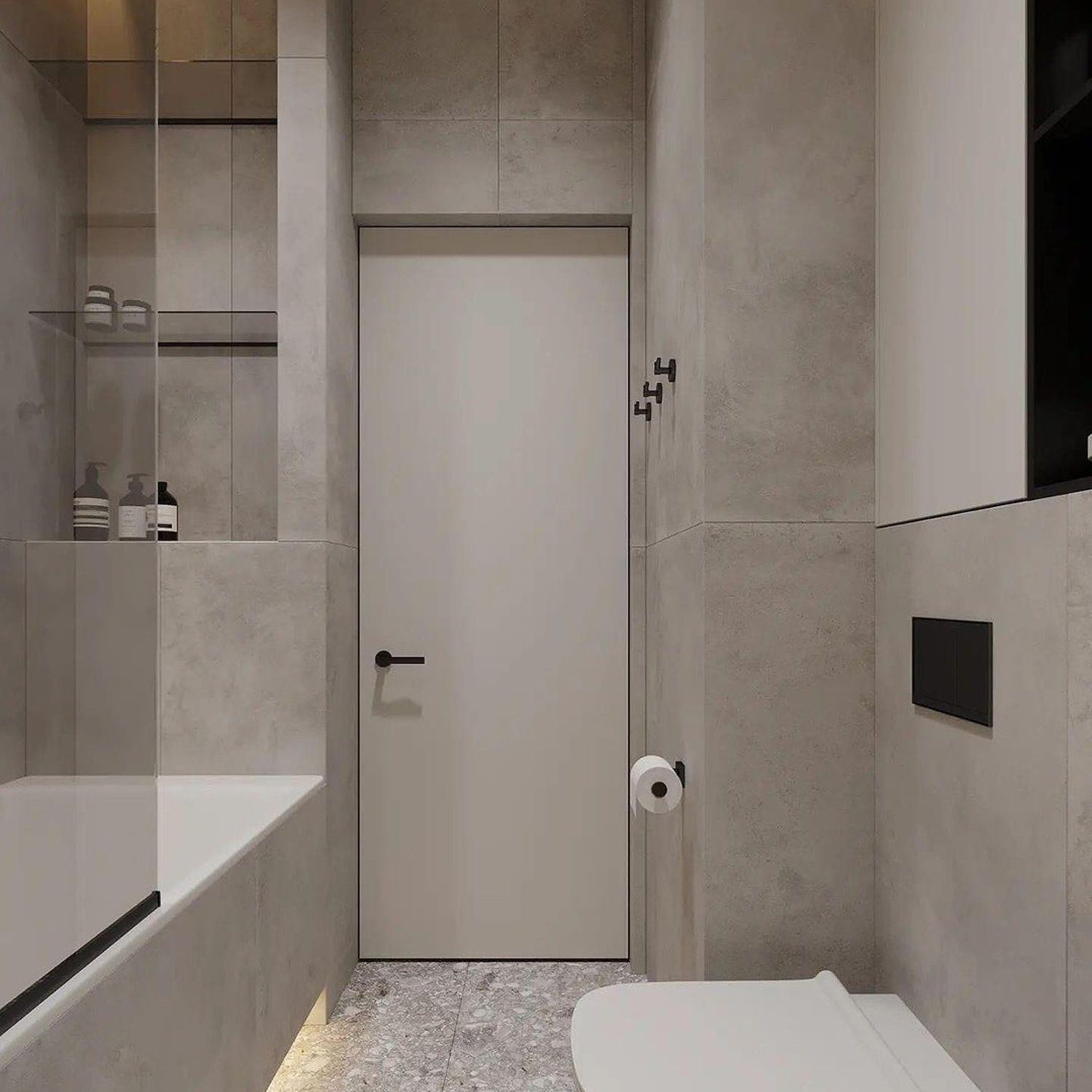 A modern, clean bathroom with grey tiles