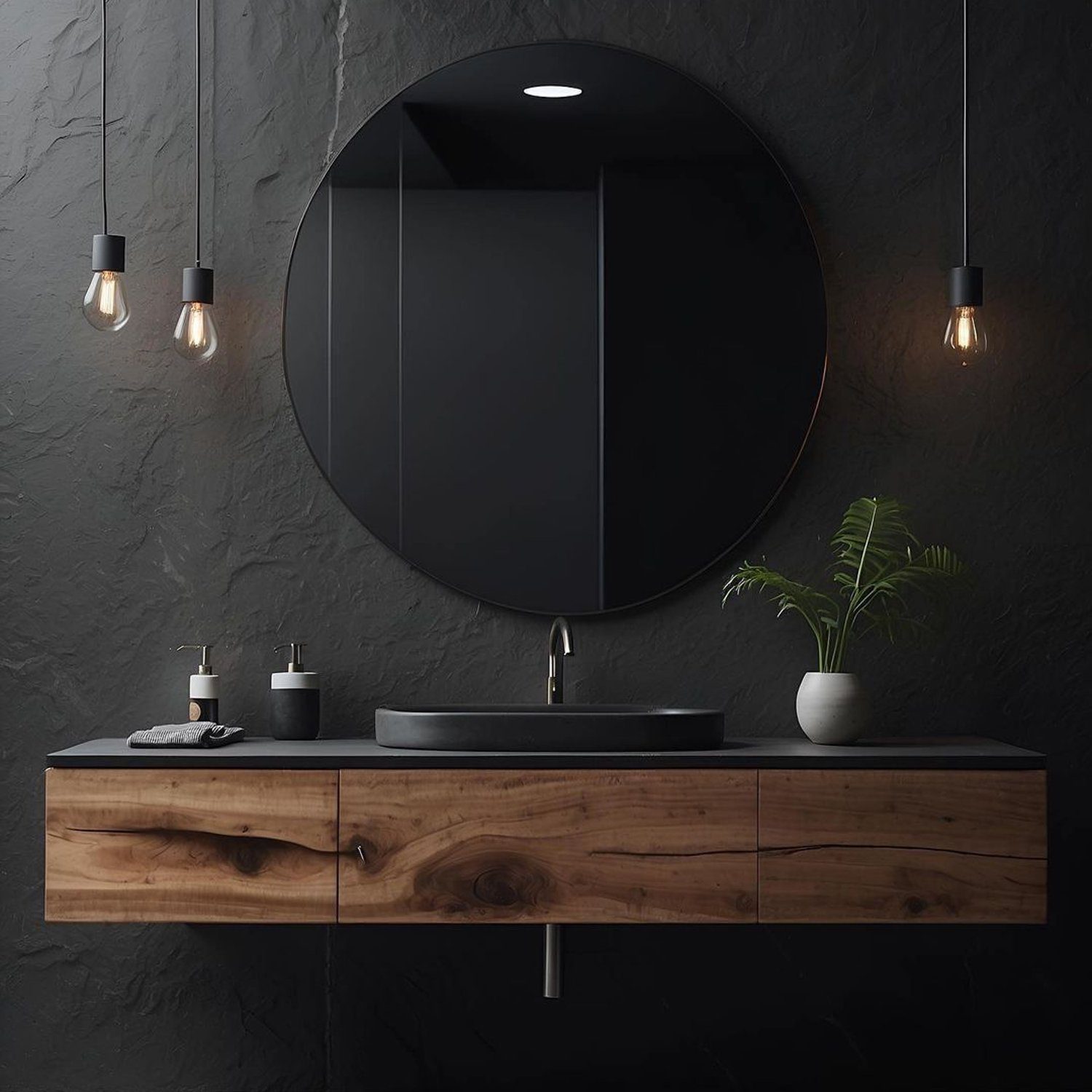 Elegant and modern bathroom setup with a round mirror