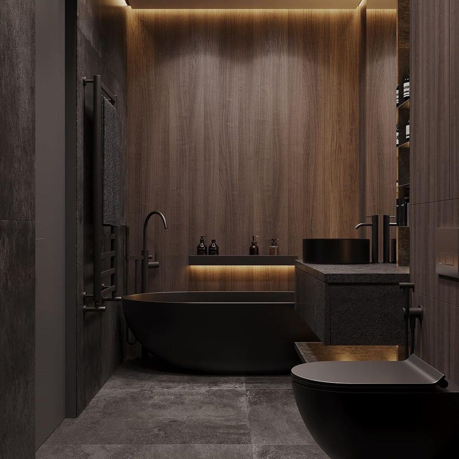 A luxurious modern bathroom with sleek design elements