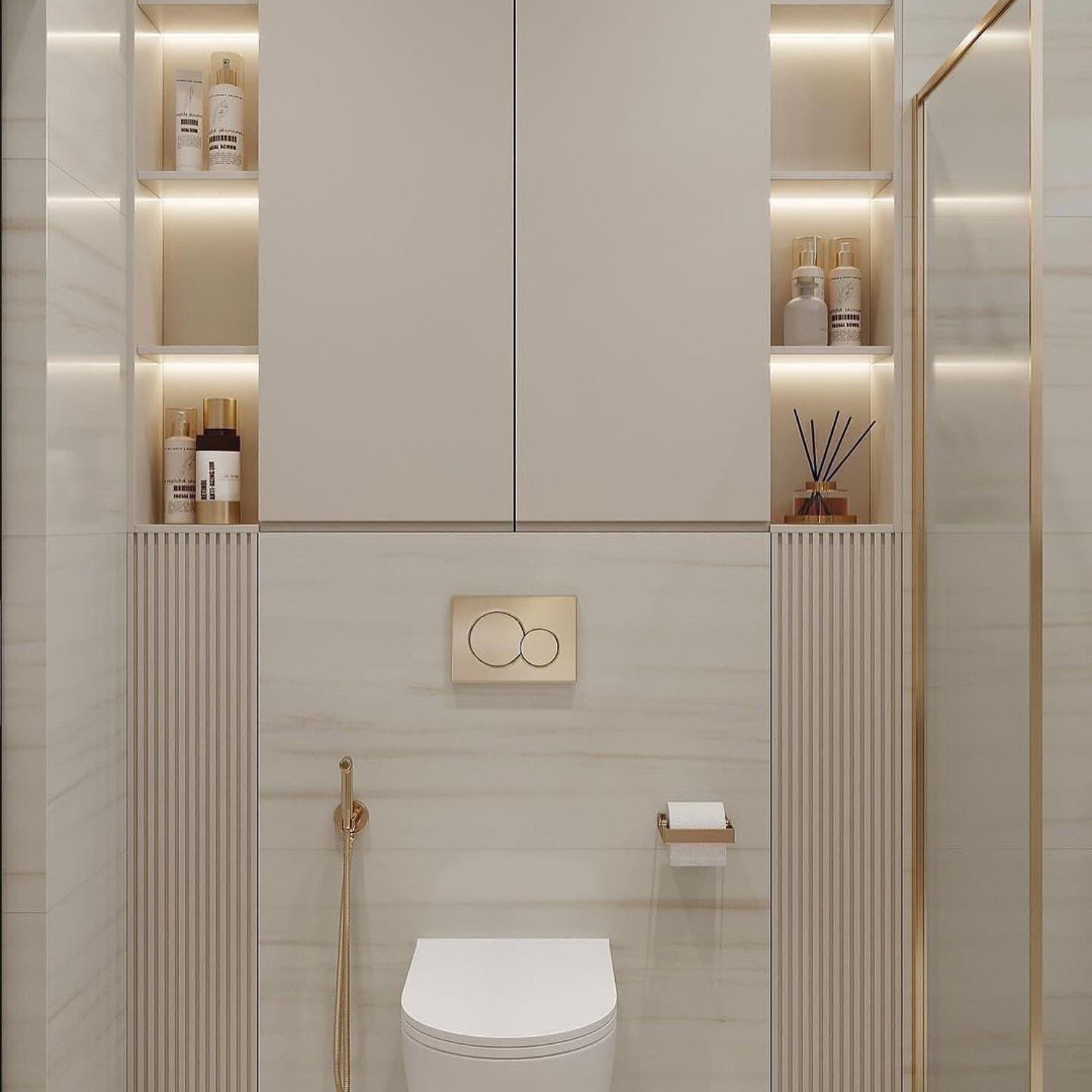 Elegant and modern bathroom design featuring a minimalist approach with accent lighting