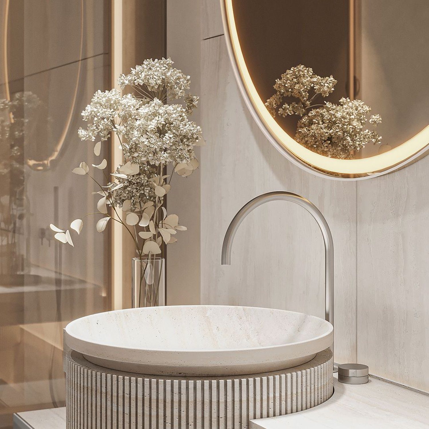 Elegant minimalist bathroom design featuring a circular sink and a large round mirror.