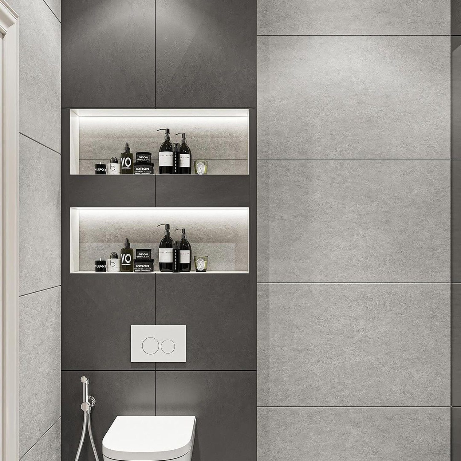 A modern and sleek bathroom design featuring a wall-hung toilet with a bidet attachment and built-in shelves for toiletries