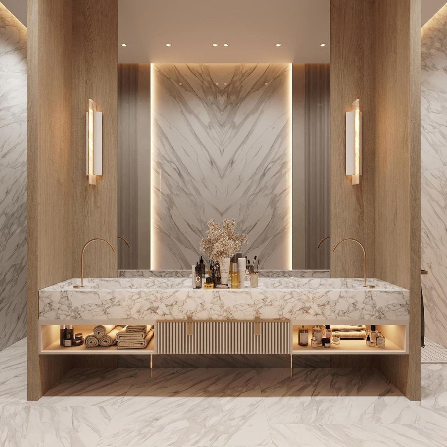 Elegant modern bathroom designed with natural elements and ambient lighting