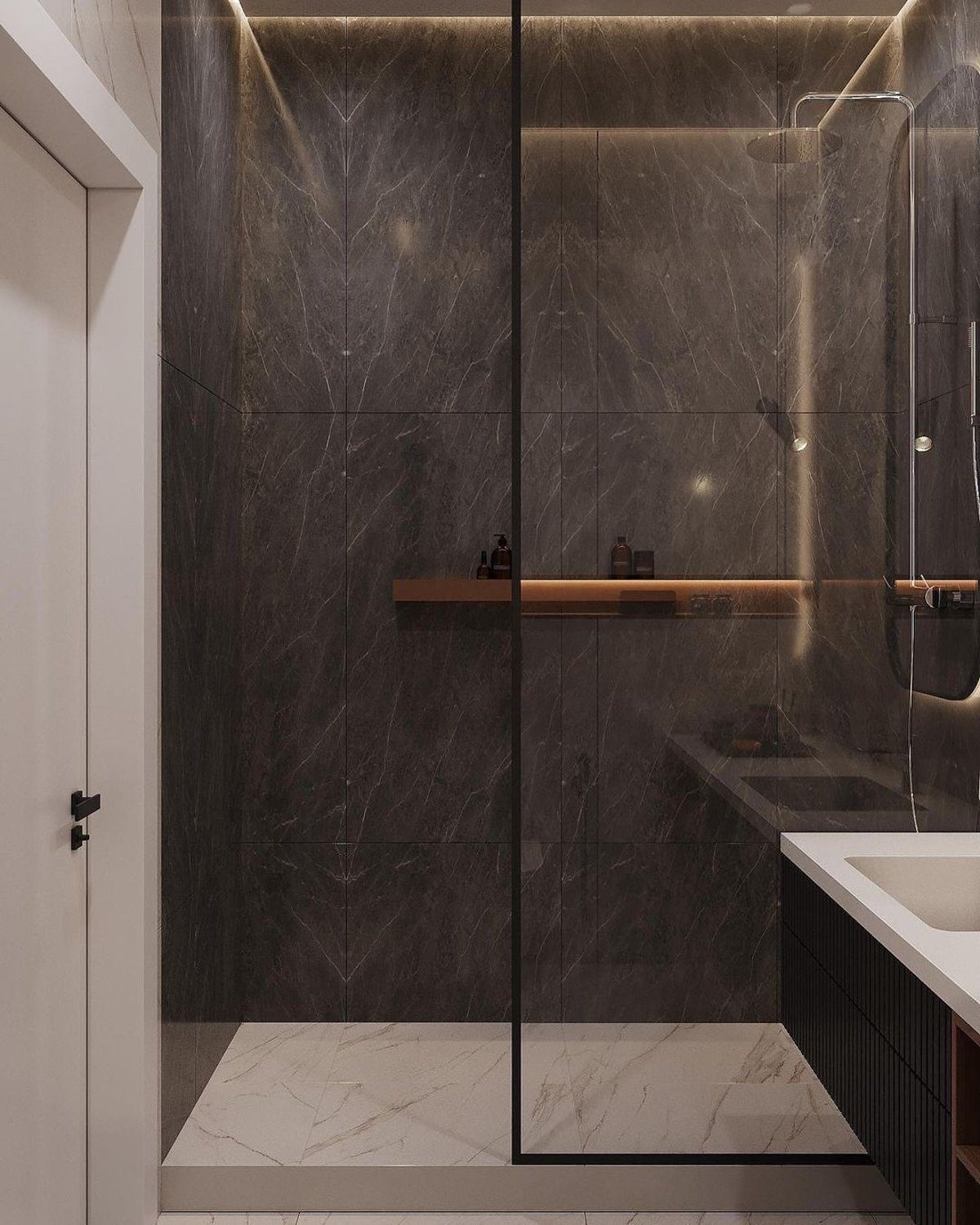 Sleek and modern bathroom with dark marble walls