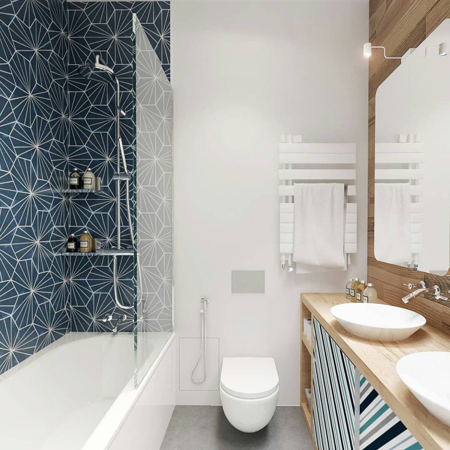 Contemporary bathroom with expressive tilework