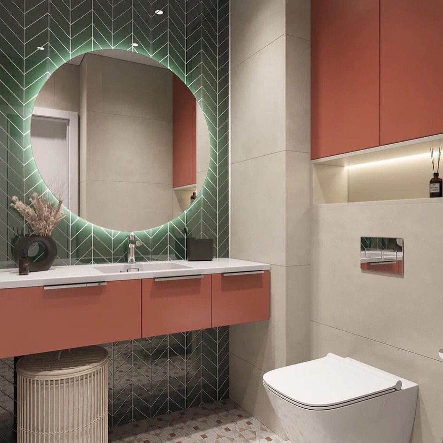 Stylish modern bathroom with geometric tile patterns