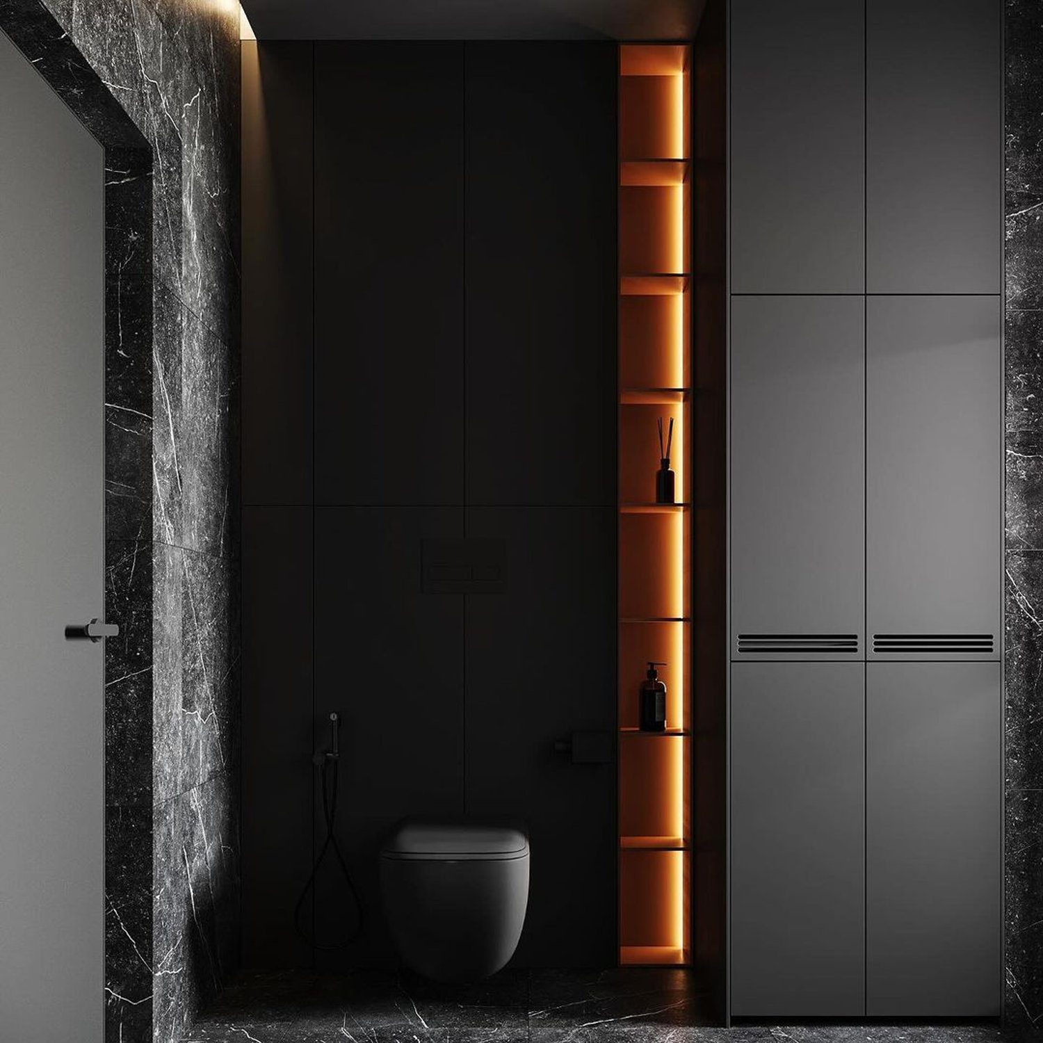 A sleek modern bathroom with sophisticated dark tones and ambient lighting