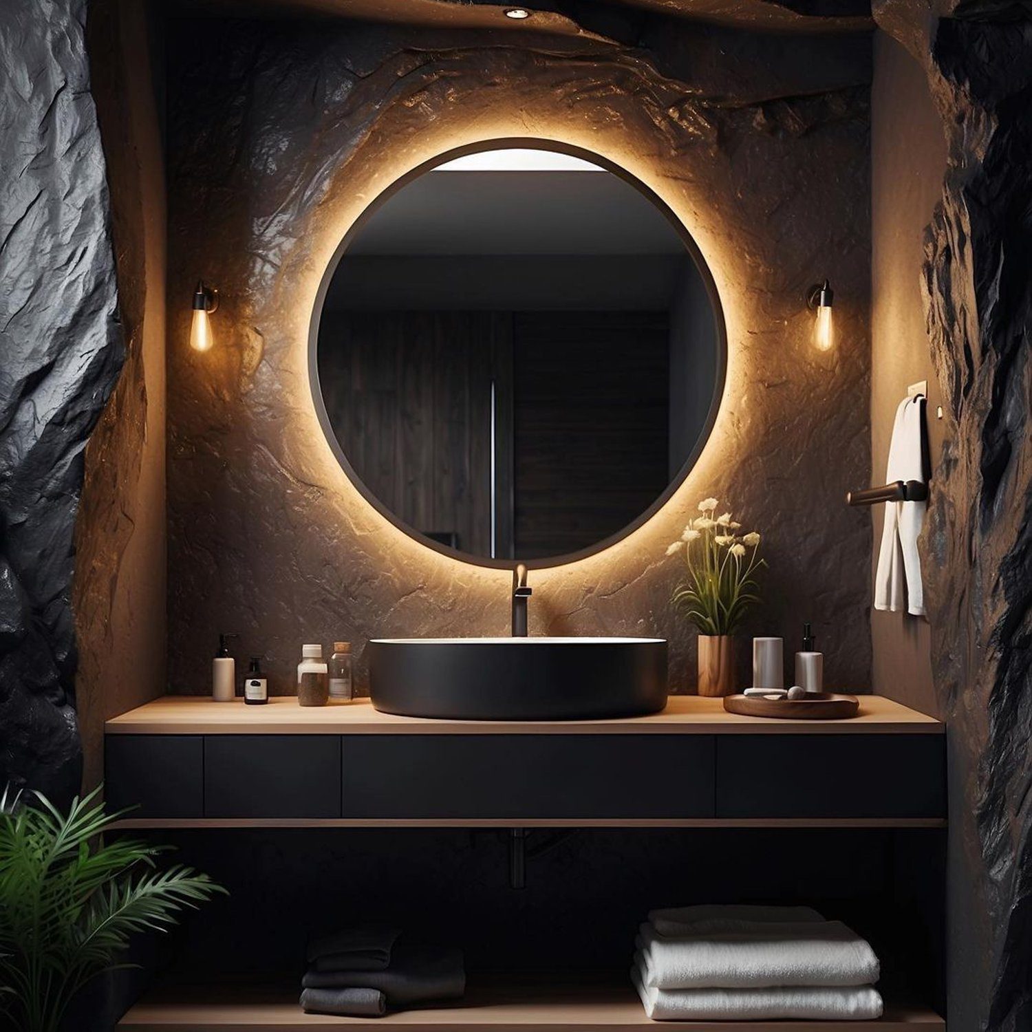 Modern and sleek bathroom design featuring stone textures and warm lighting