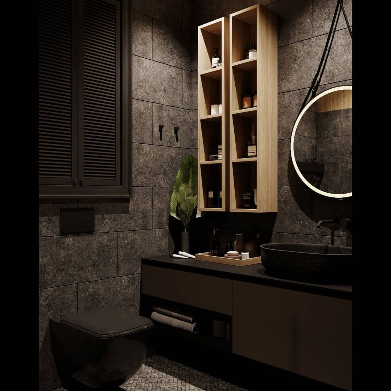 Stylish modern bathroom with dark tones