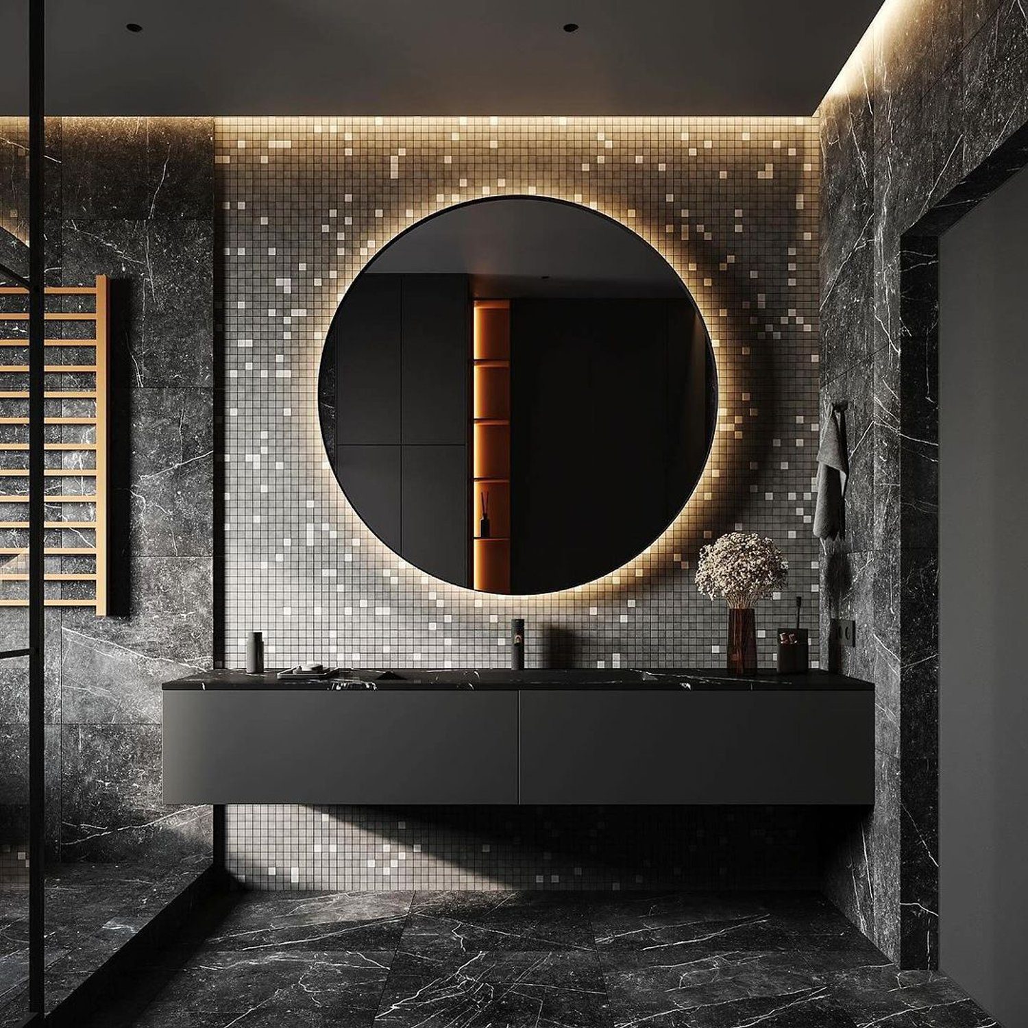 A modern and elegant bathroom design with ambient lighting