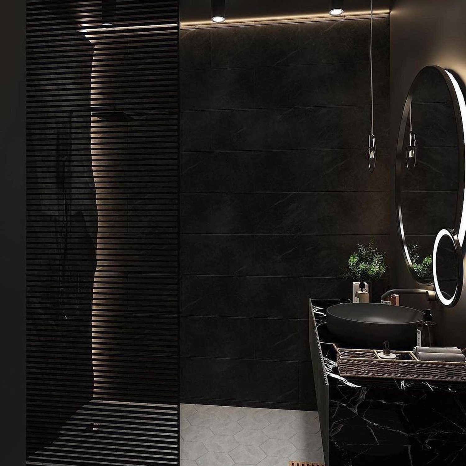 Elegant black bathroom featuring sophisticated fixtures