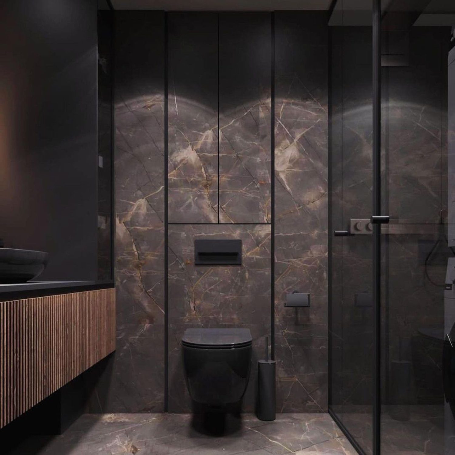 A modern bathroom with dark marble accents