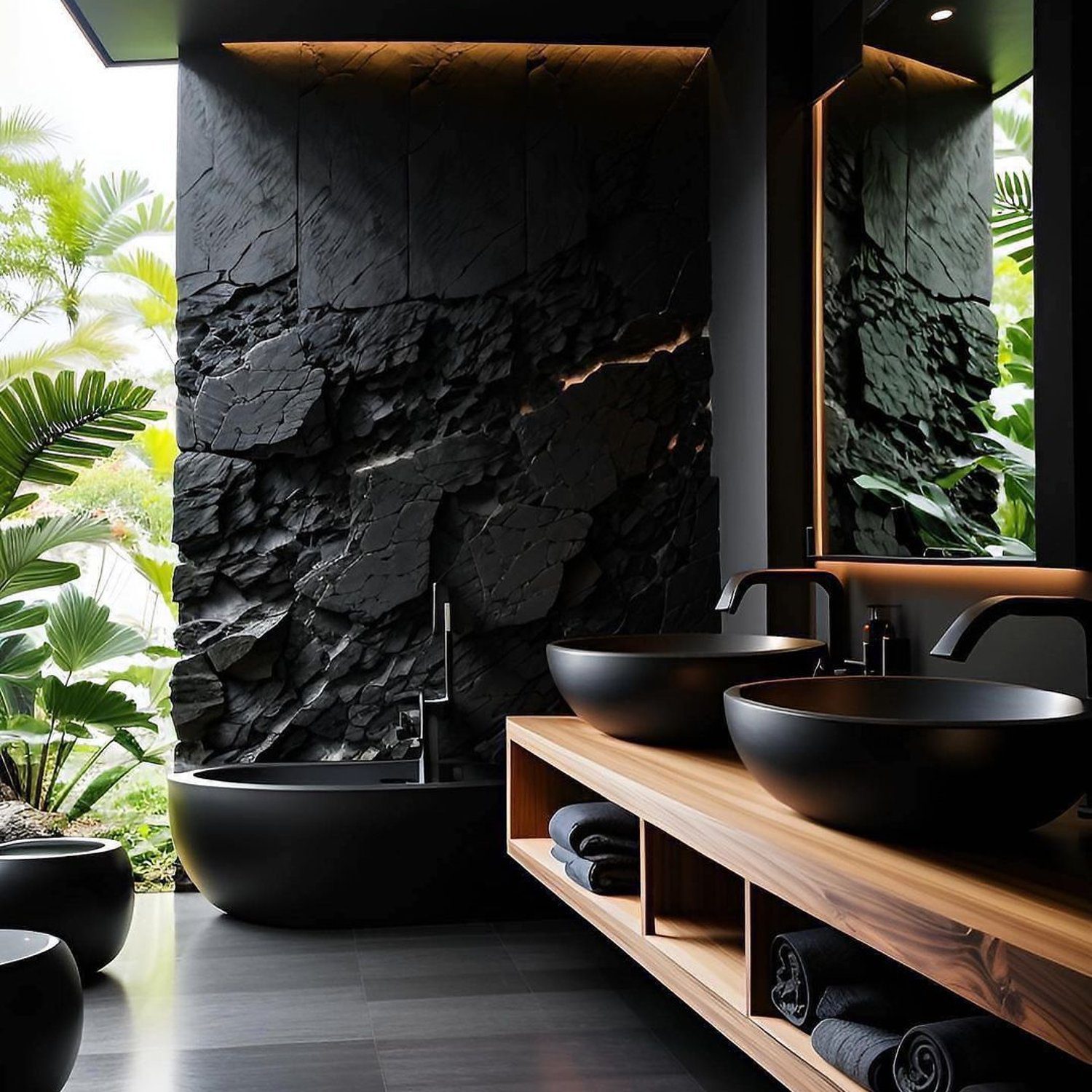 A luxurious modern bathroom with natural elements