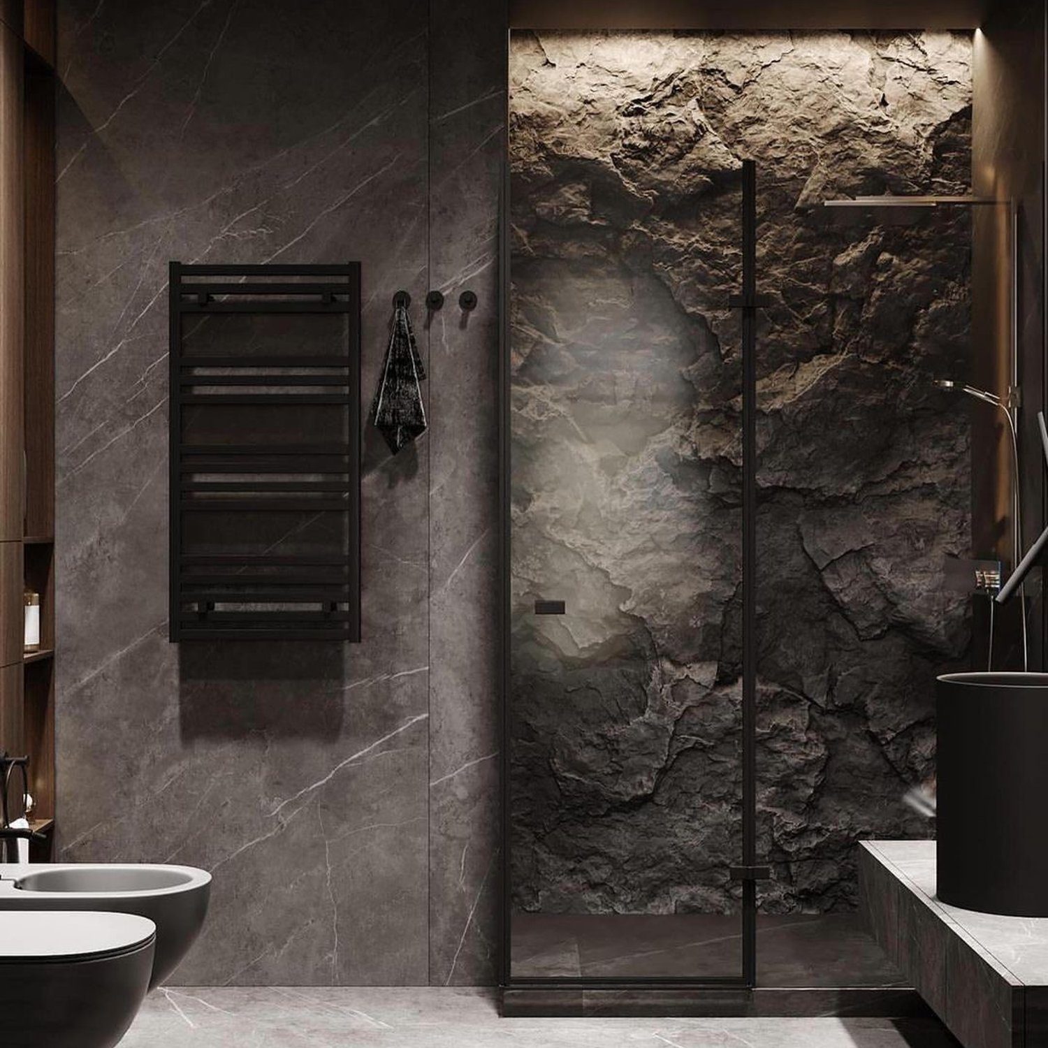 Elegant and modern bathroom with a textured feature wall