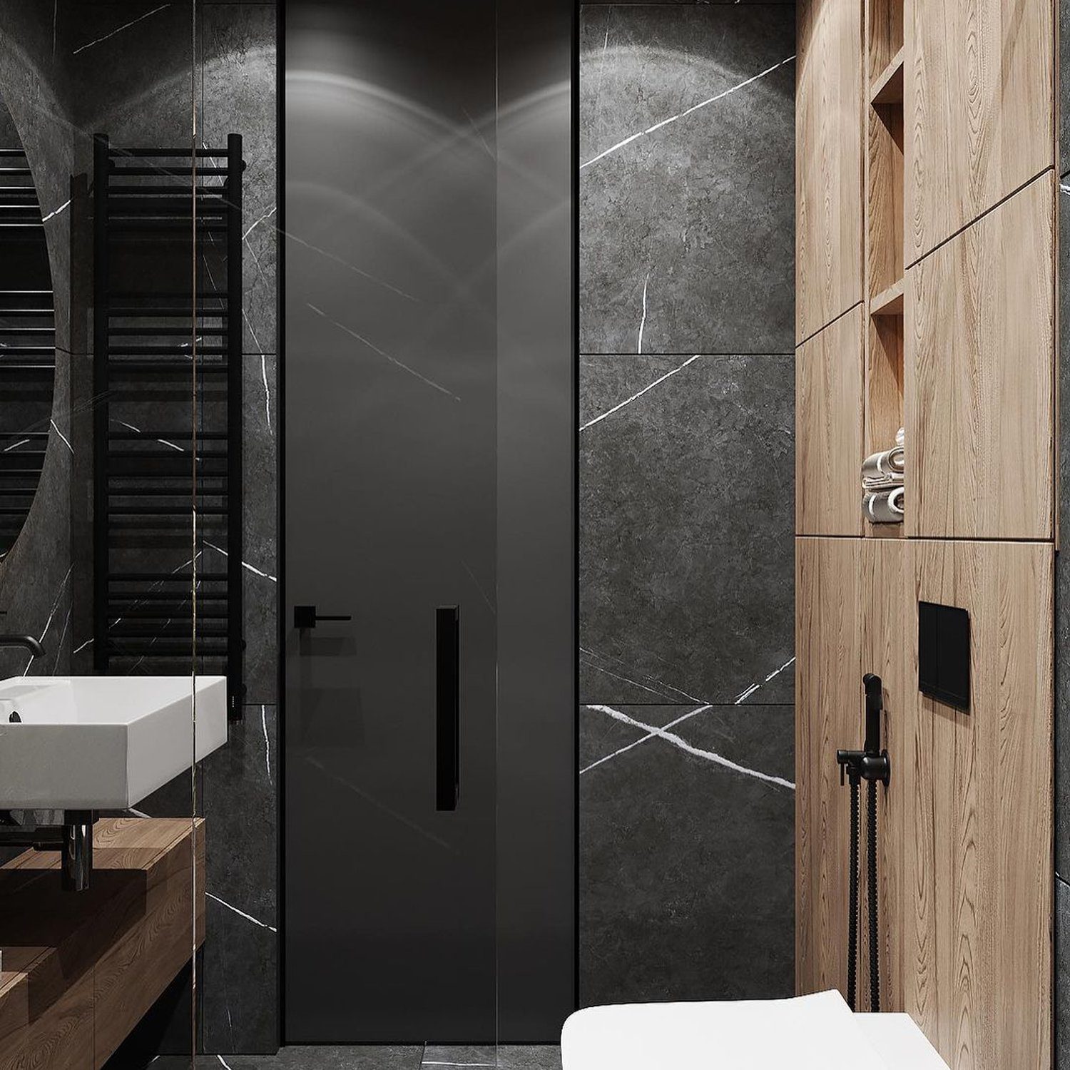 A modern bathroom with a sleek design featuring dark tiles and wooden accents