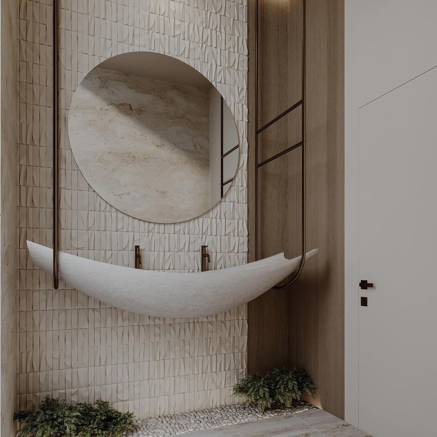 A modern bathroom featuring unique textures and a minimalist design