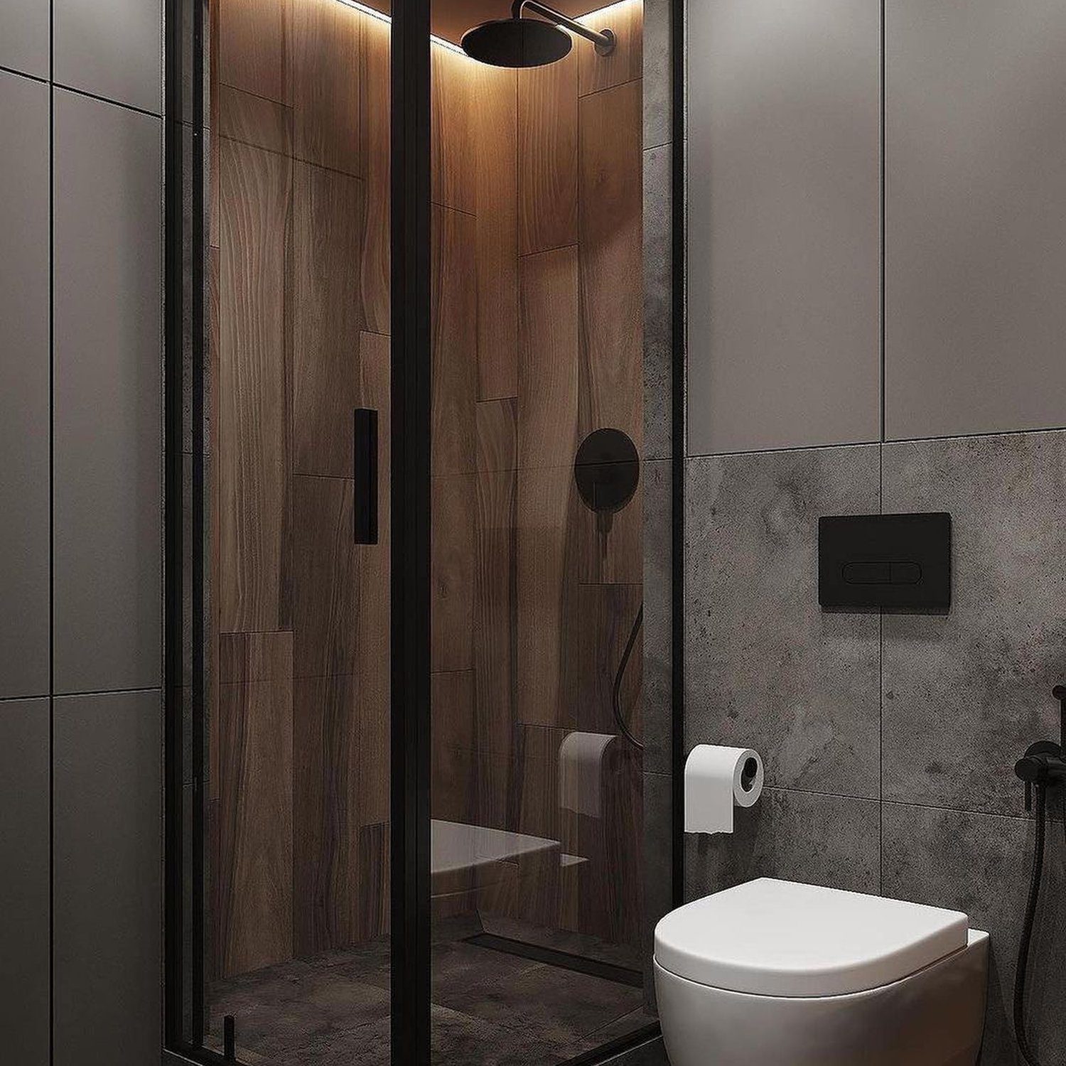 A sleek and modern bathroom design featuring a glass-enclosed shower with wooden accents, a wall-mounted toilet, and contrasting grey tiles.