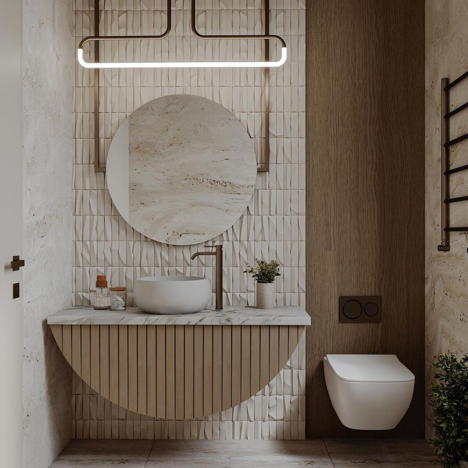 A neatly designed bathroom featuring an elegant blend of textures