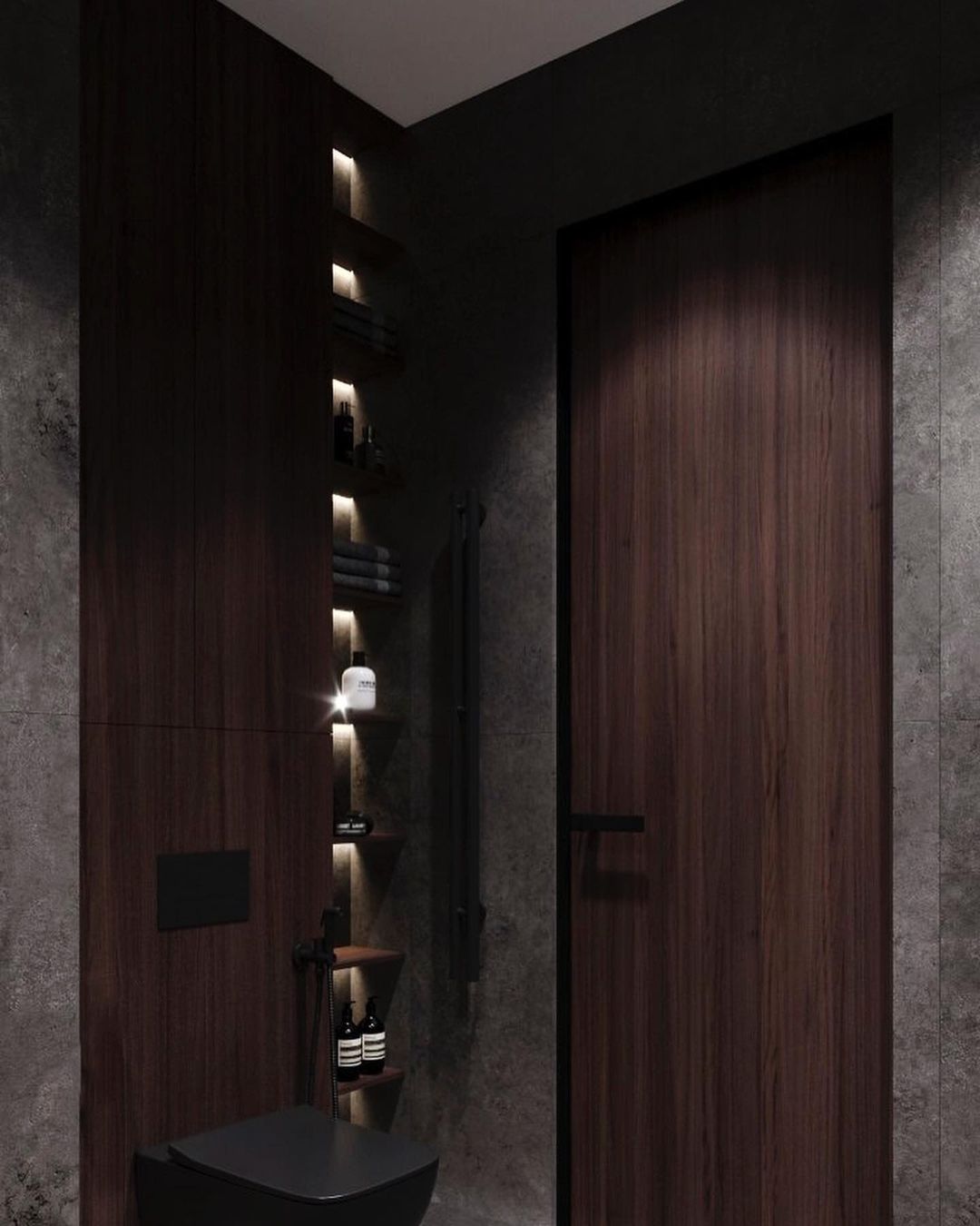 Stylish modern bathroom with dark wood accents and ambient lighting