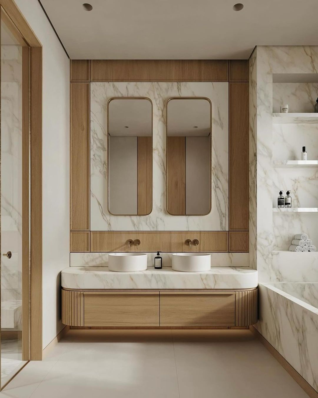 A sleek modern bathroom with marble walls