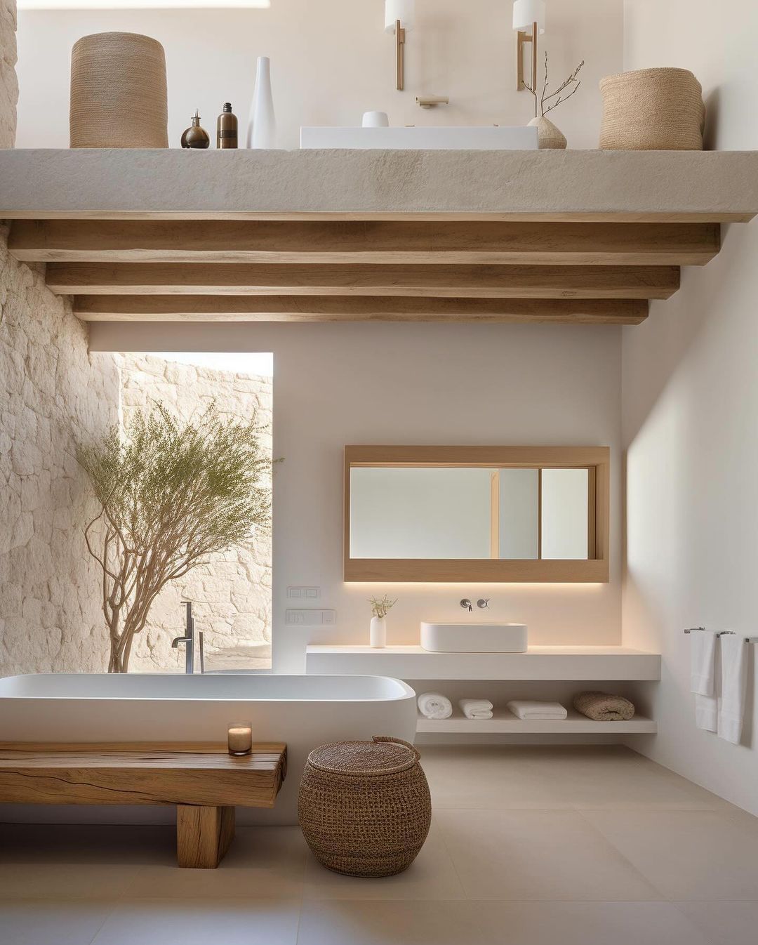 A serene bathroom setting showcasing a blend of natural materials and textures