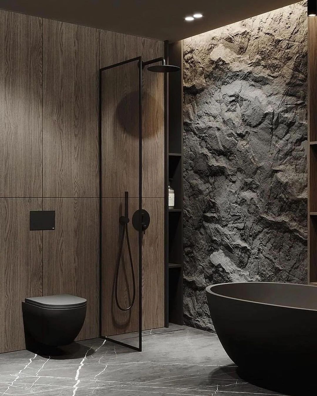 A modern bathroom with contrasting textures and materials