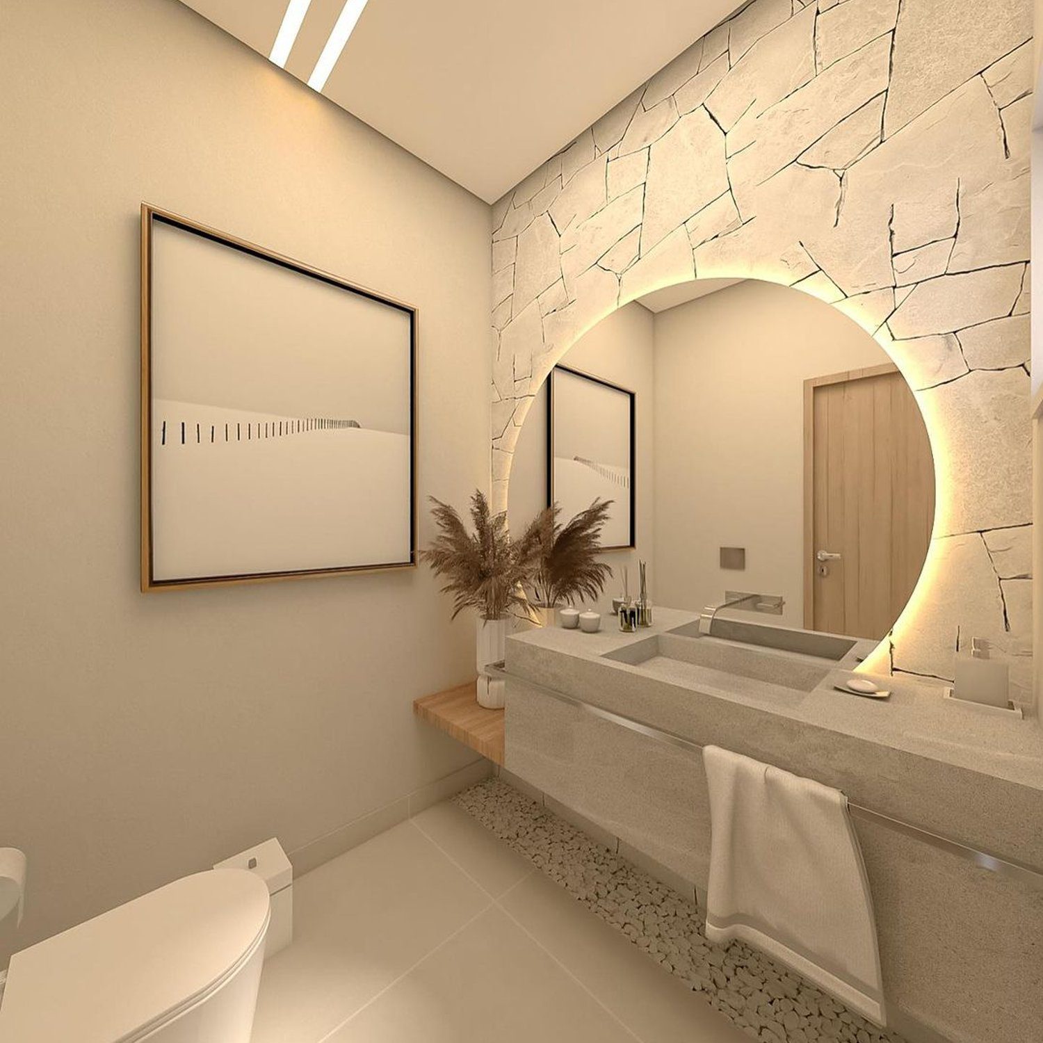 A modern bathroom with textured stone accent wall and arched mirror