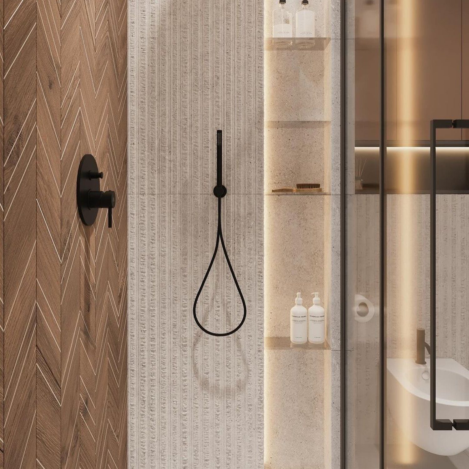 Modern and stylish bathroom with contrasting textures