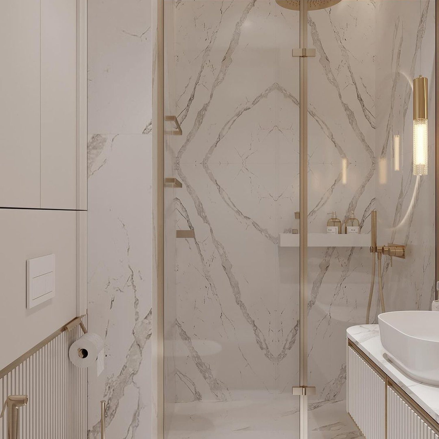 Elegant beige-toned bathroom with marble accents