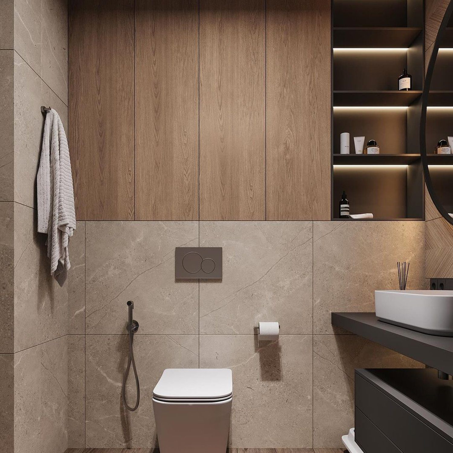 A modern and minimalist bathroom design with wooden and stone textures