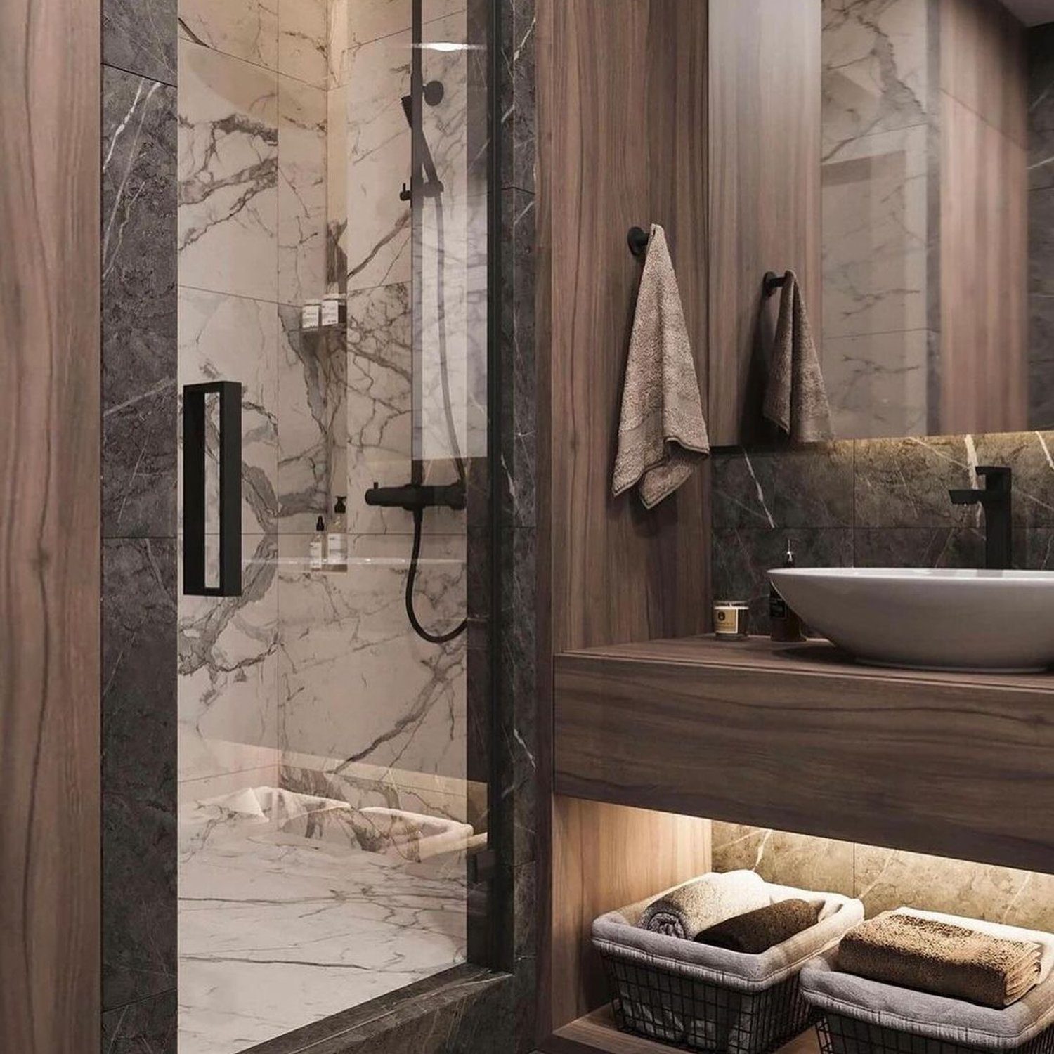 Elegant modern bathroom design with a mix of marble and wood accents