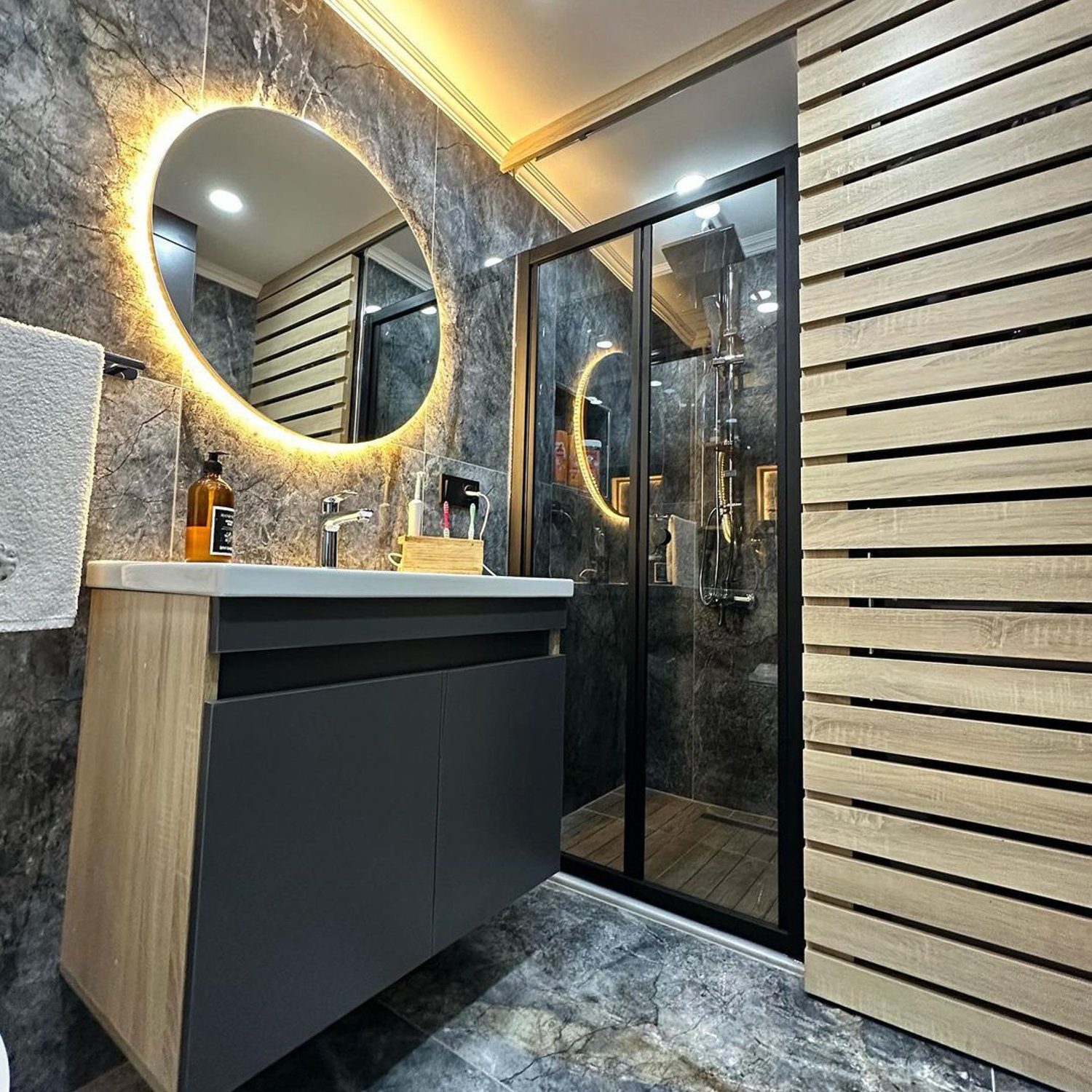 Elegantly designed modern bathroom with ambient lighting