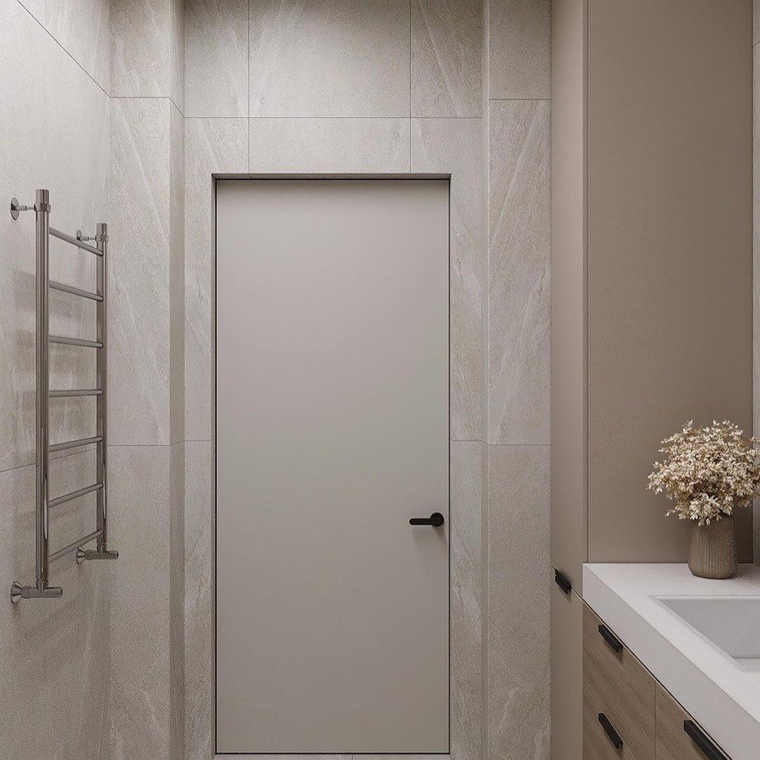 Modern and minimalist bathroom design featuring sleek surfaces and neutral tones