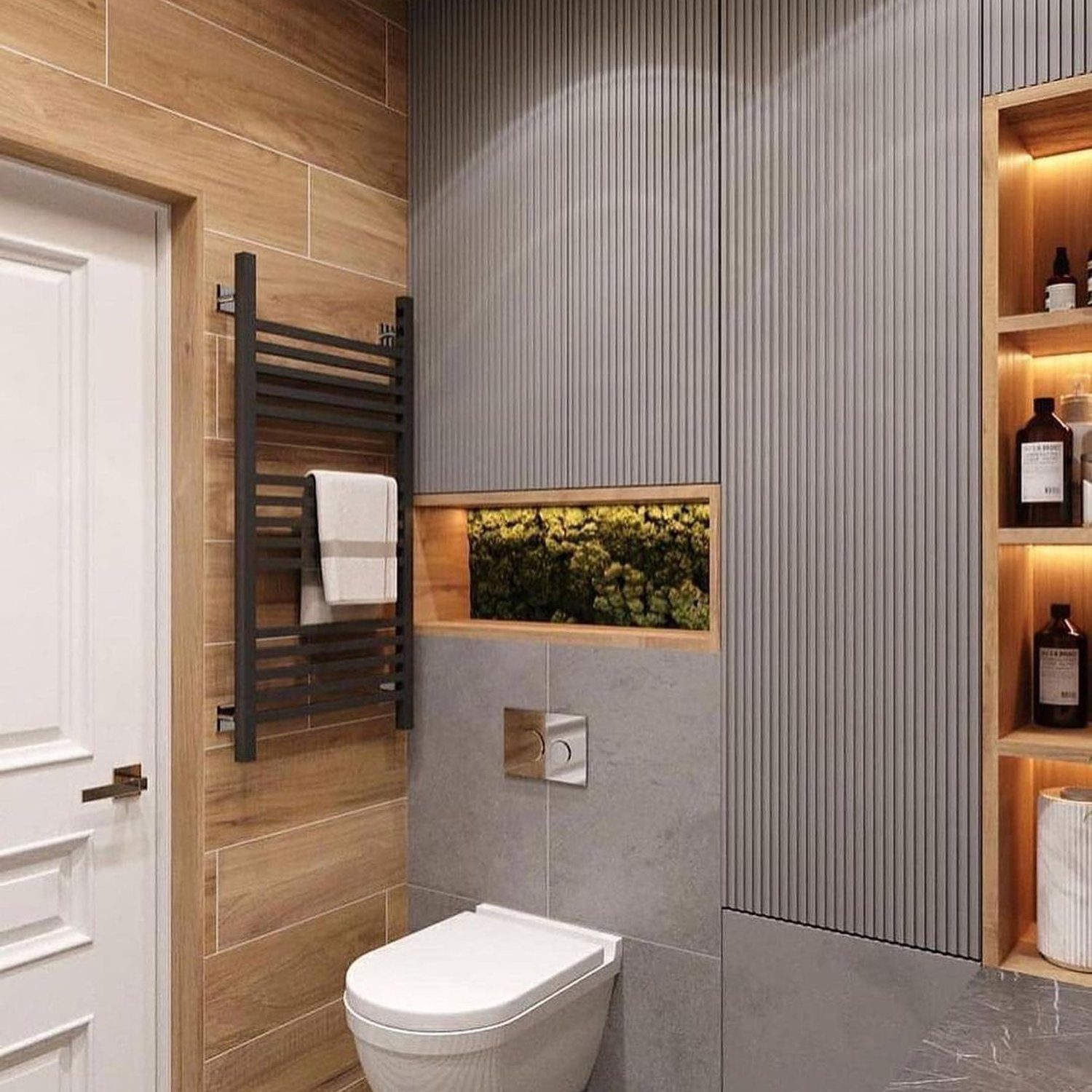 Modern Bathroom with Contrasting Textures and Natural Elements