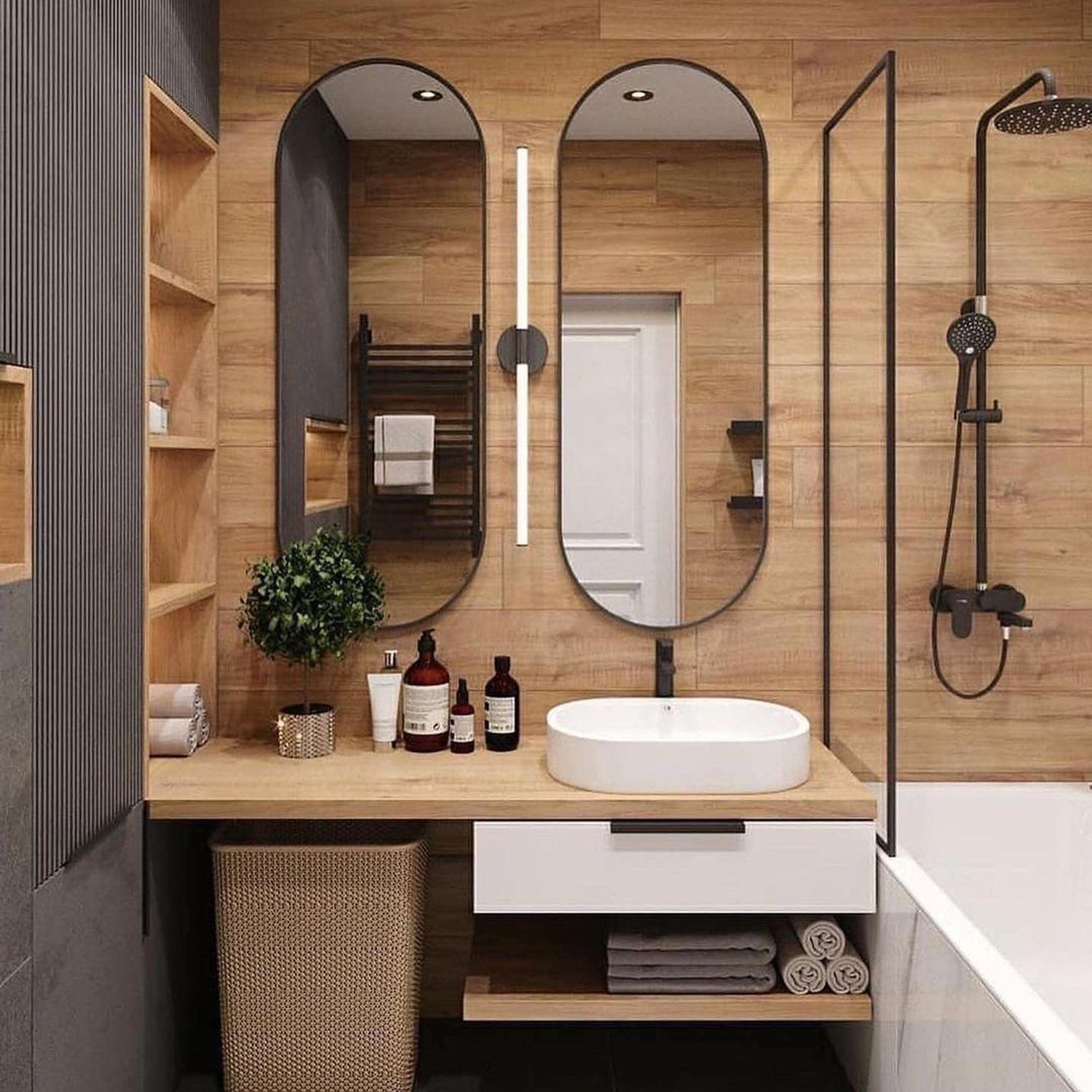 Modern bathroom with wooden features and sleek design