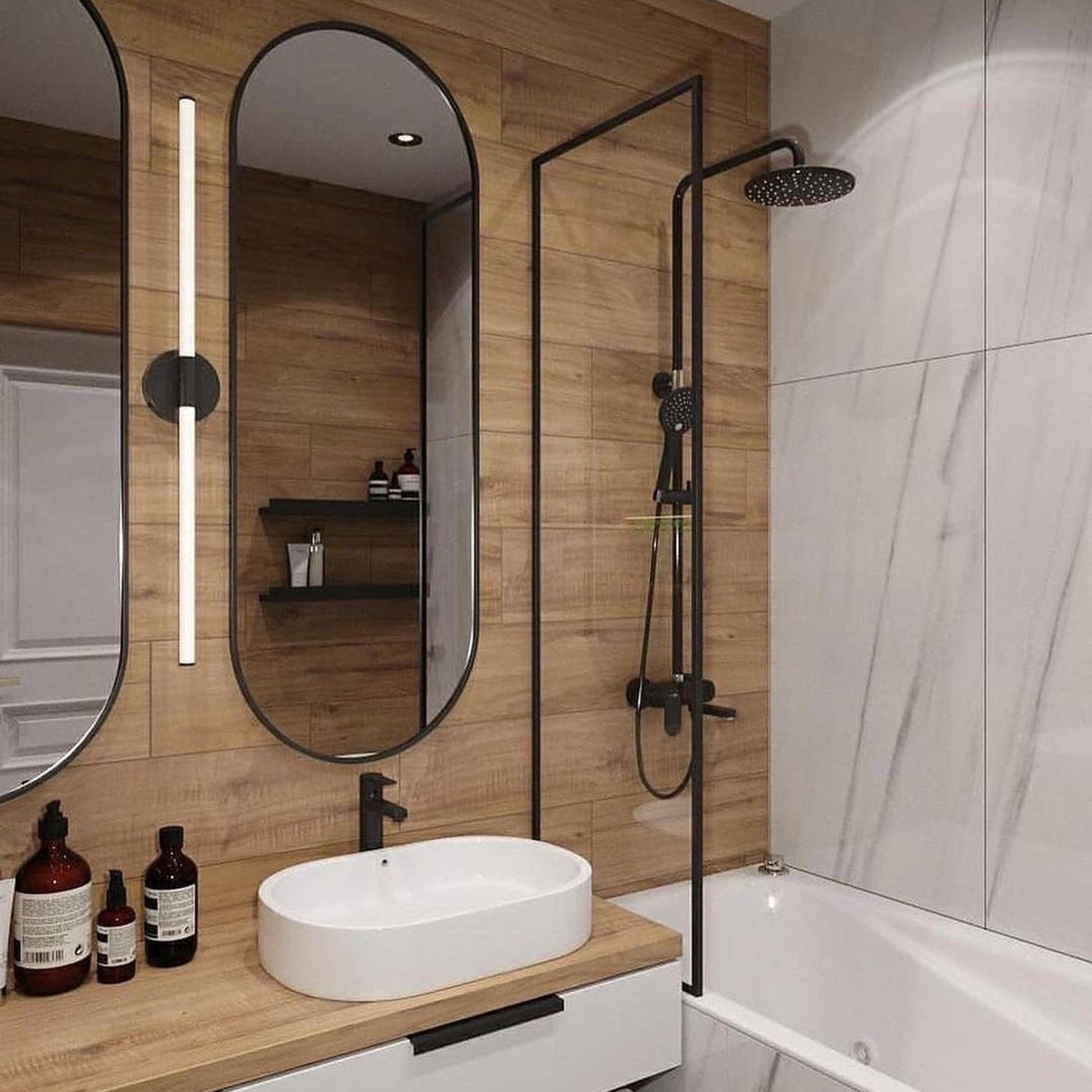 Elegant and modern bathroom with wooden accents