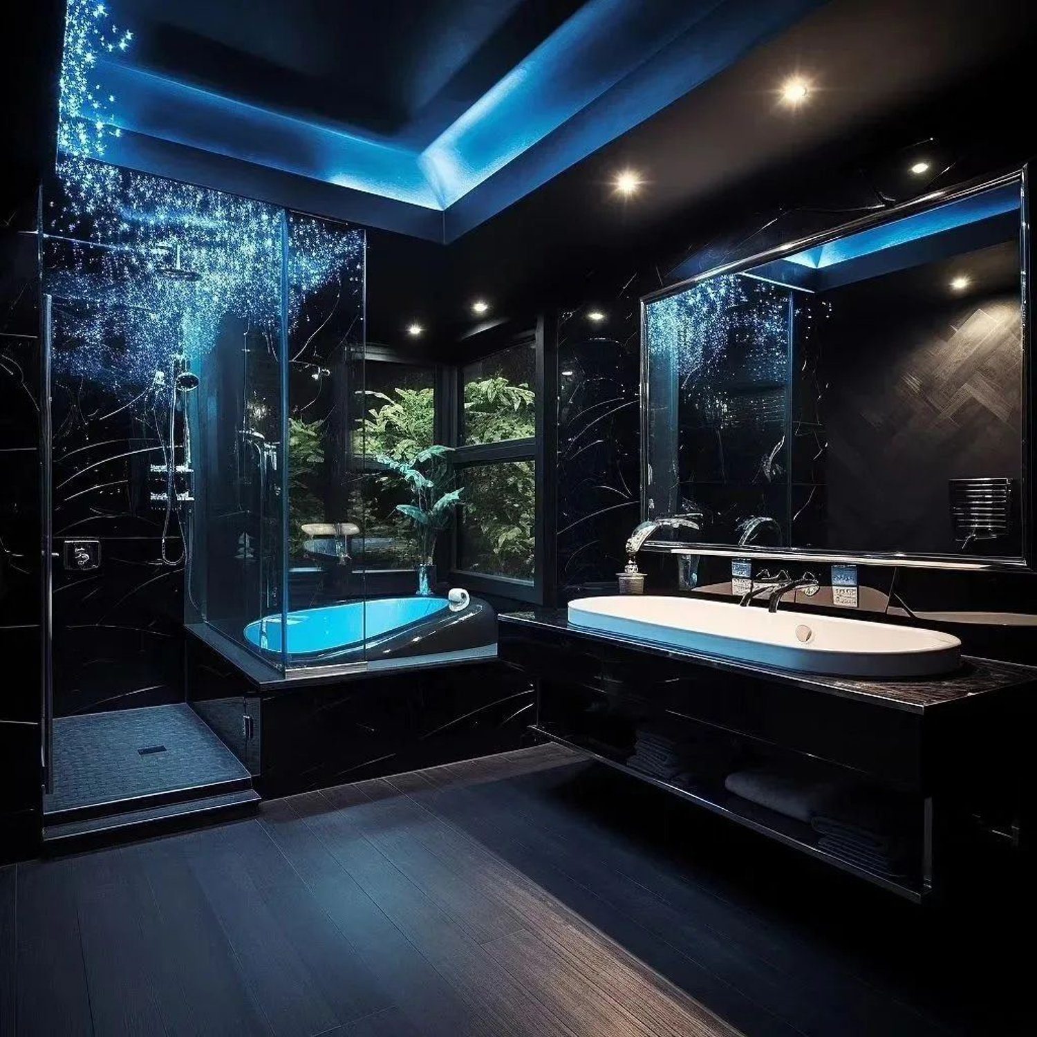 Luxurious dark-themed bathroom with blue LED lighting