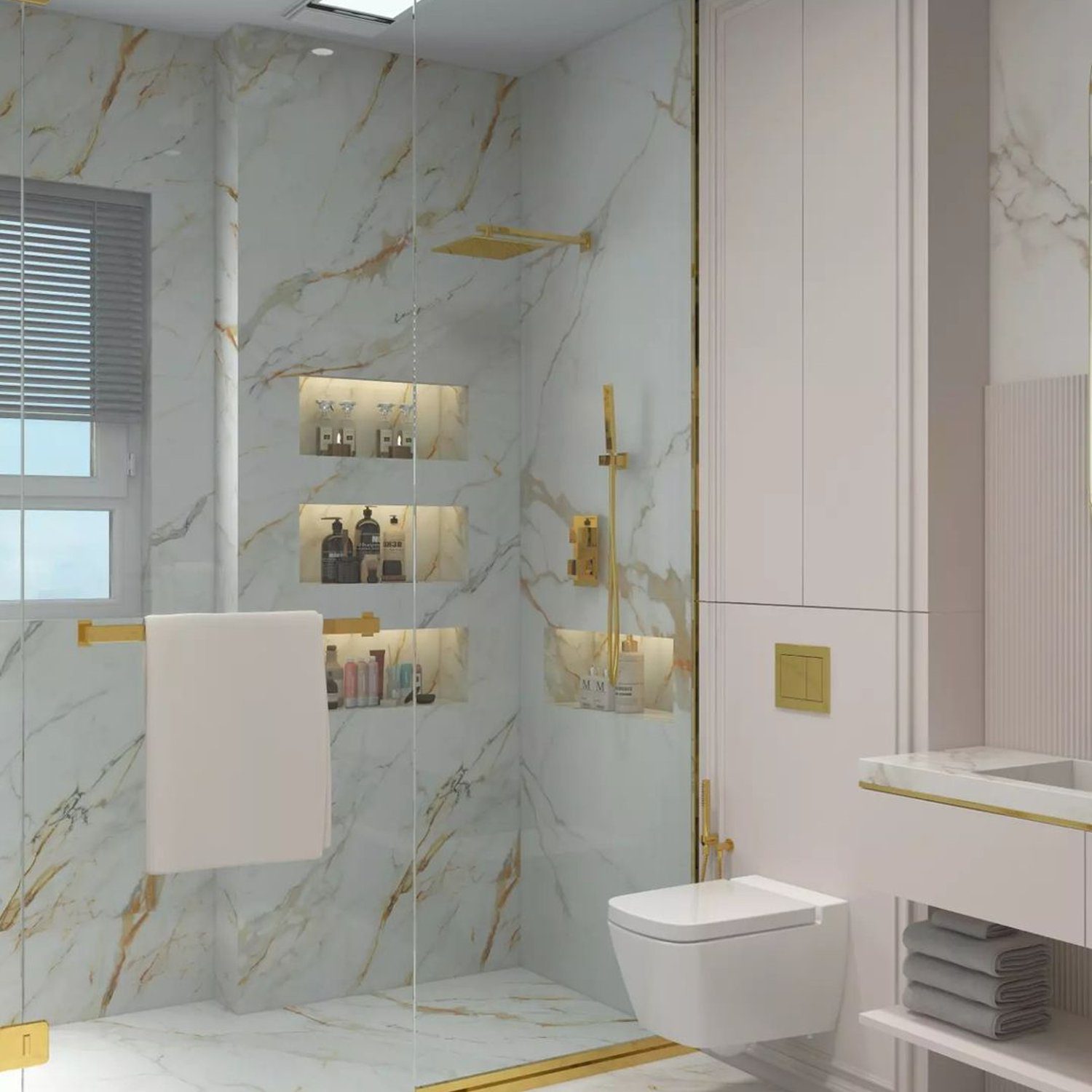 Elegant white and gold bathroom with marble accents