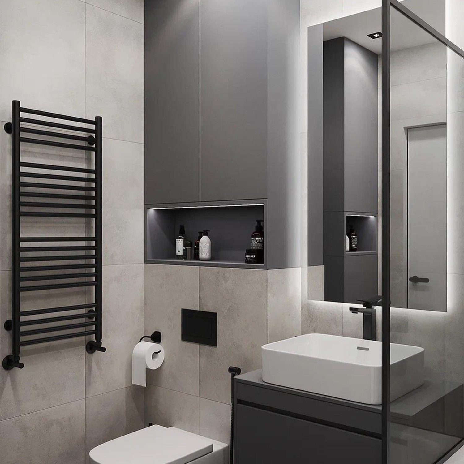 A sleek and modern bathroom design with contrasting textures