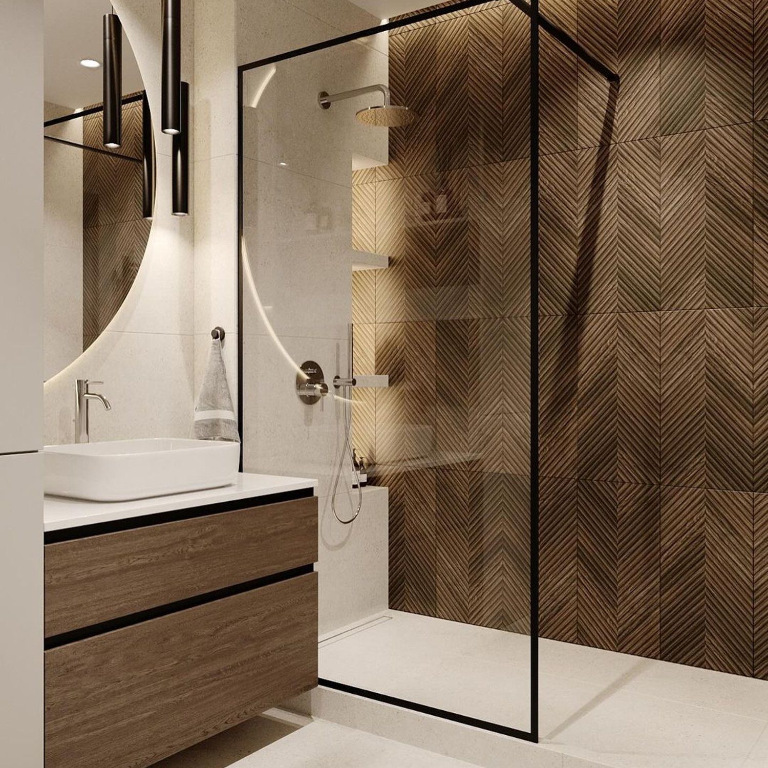 Elegant modern bathroom with herringbone-patterned tiles