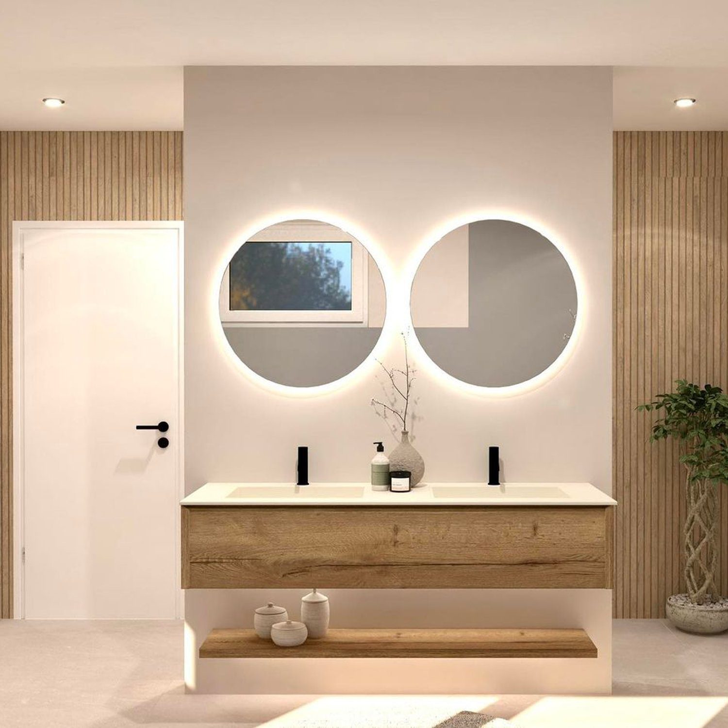 Modern and elegant bathroom design with illuminated circle mirrors