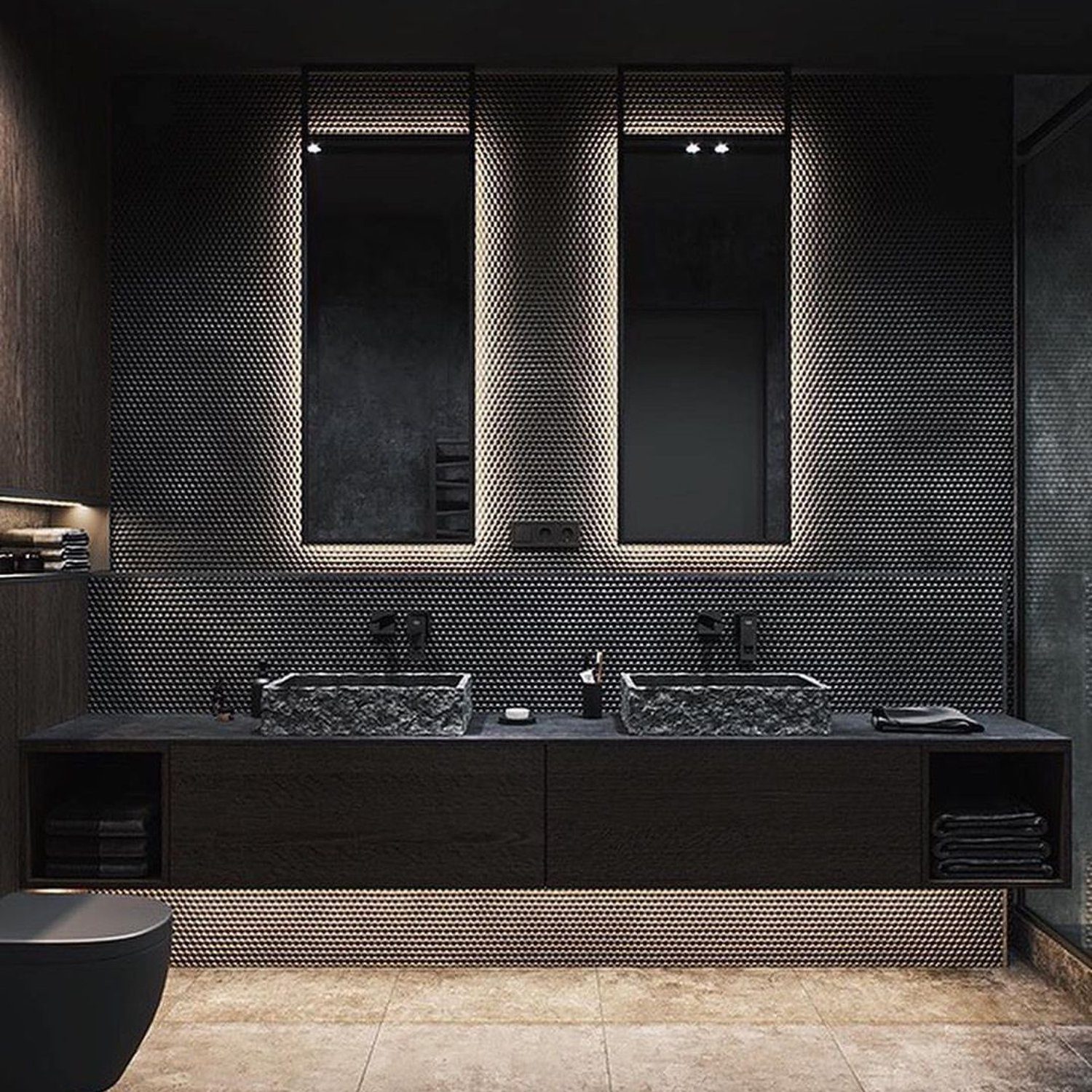 Elegant and modern bathroom design featuring contrasting textures and materials.