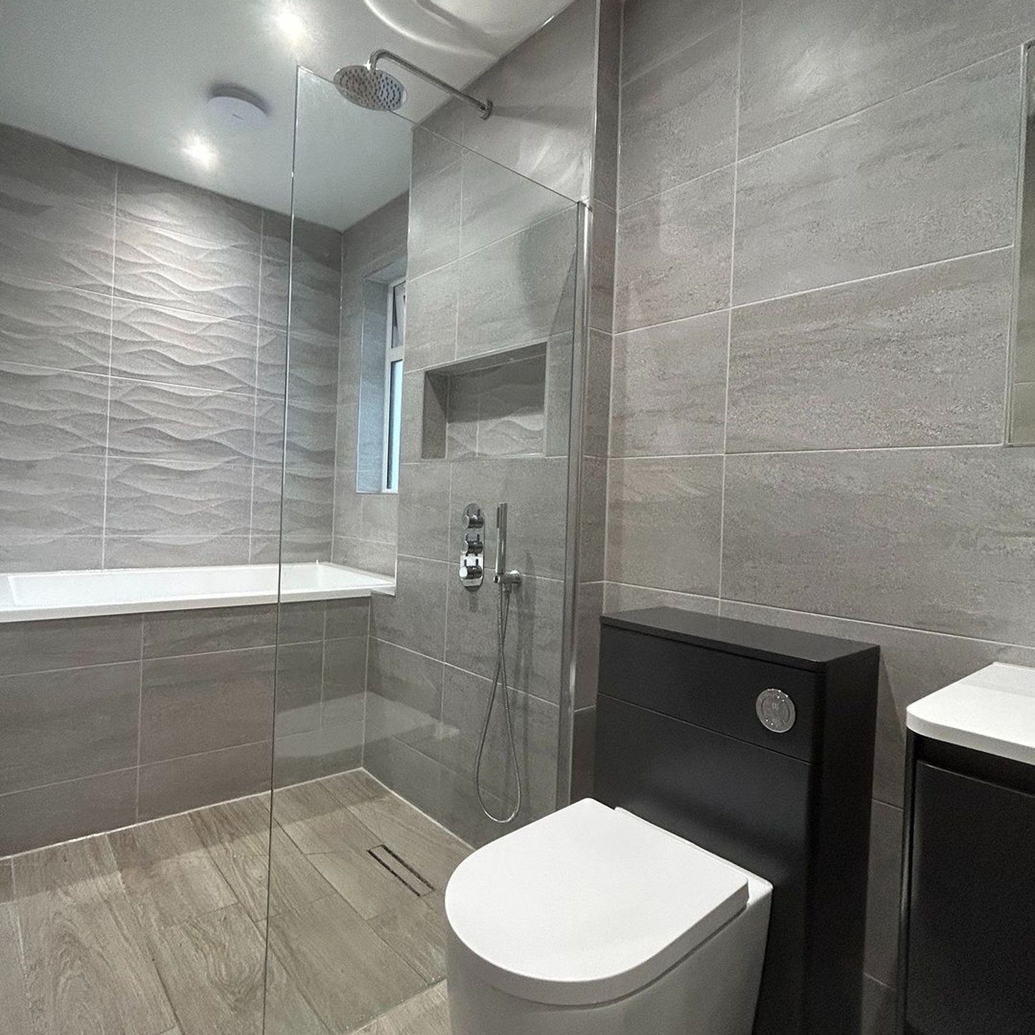 A modern bathroom with sleek design features.